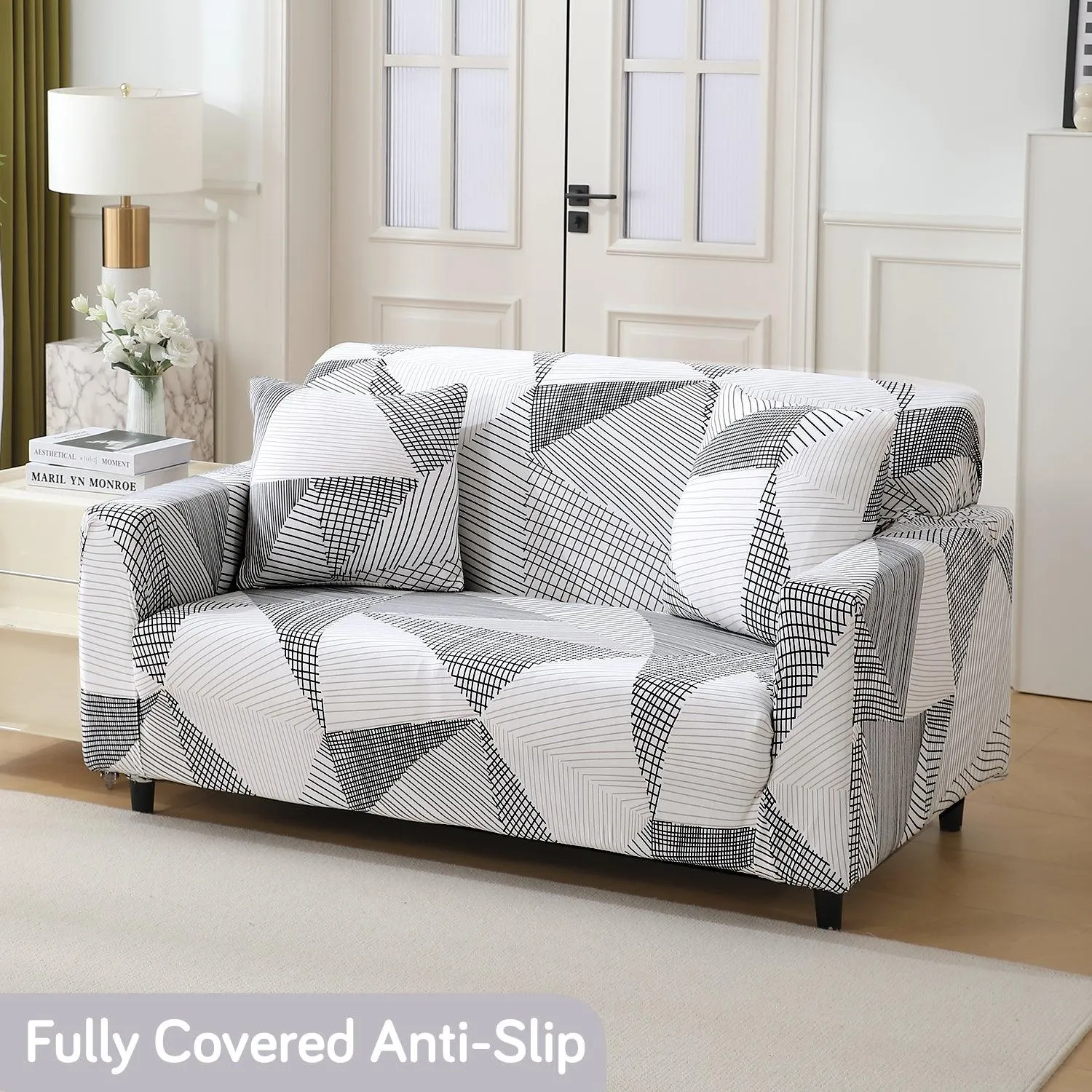 Elastic Stretchable Printed 140gsm Fully Covered Sofa Cover, Snow White Black Geometry