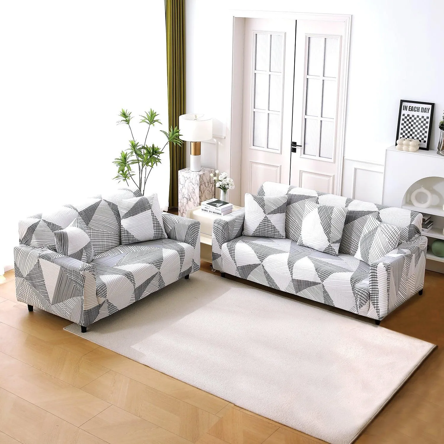 Elastic Stretchable Printed 140gsm Fully Covered Sofa Cover, Snow White Black Geometry