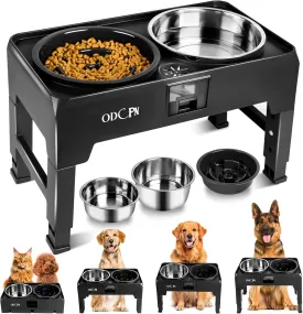 Elevated Dog Bowls, Dog Feeder with 2 Stainless Steel Bowls & 1 Slow Feeder Bowls, 6 Heights Adjustable Raised for Medium Large Dogs, Non-Slip Dog Food Stand & Catchment Drawer Design