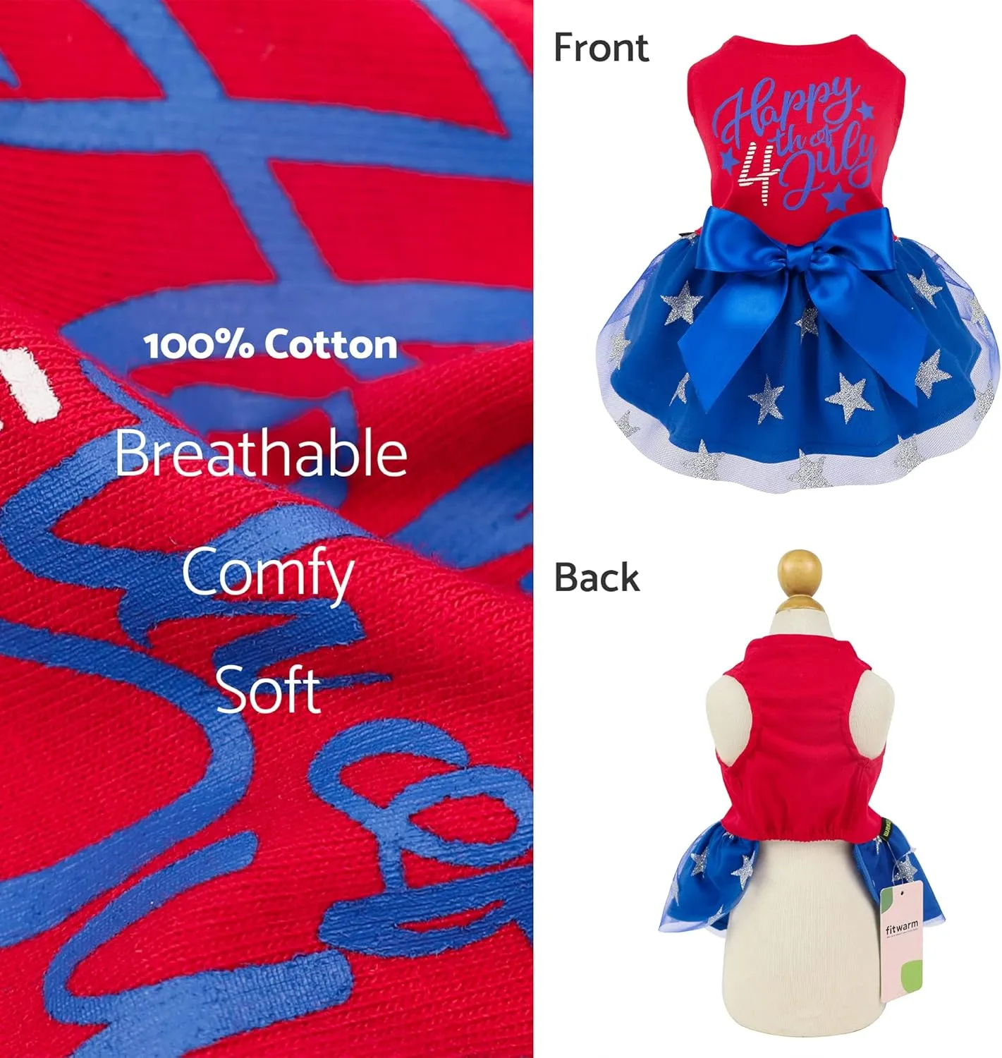 Fitwarm Happy 4th of July Dog Tulle Dress, Patriotic Dog Clothes for Small Dogs Girl, Red and White Star Pet Outfit, Red, Royal Blue, Medium