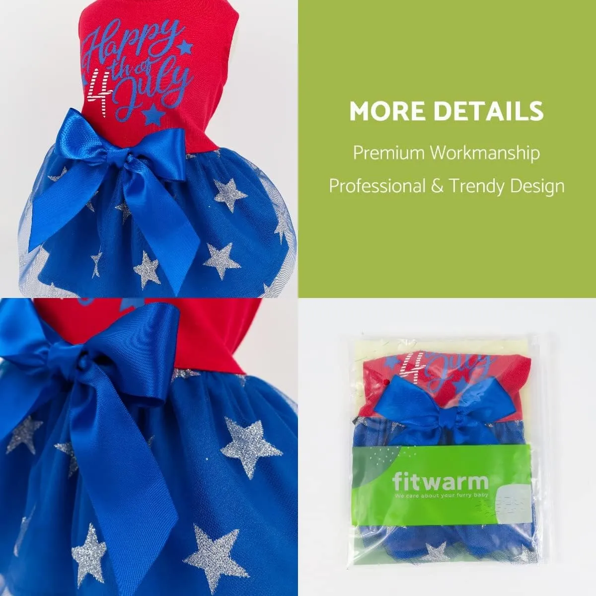 Fitwarm Happy 4th of July Dog Tulle Dress, Patriotic Dog Clothes for Small Dogs Girl, Red and White Star Pet Outfit, Red, Royal Blue, Medium
