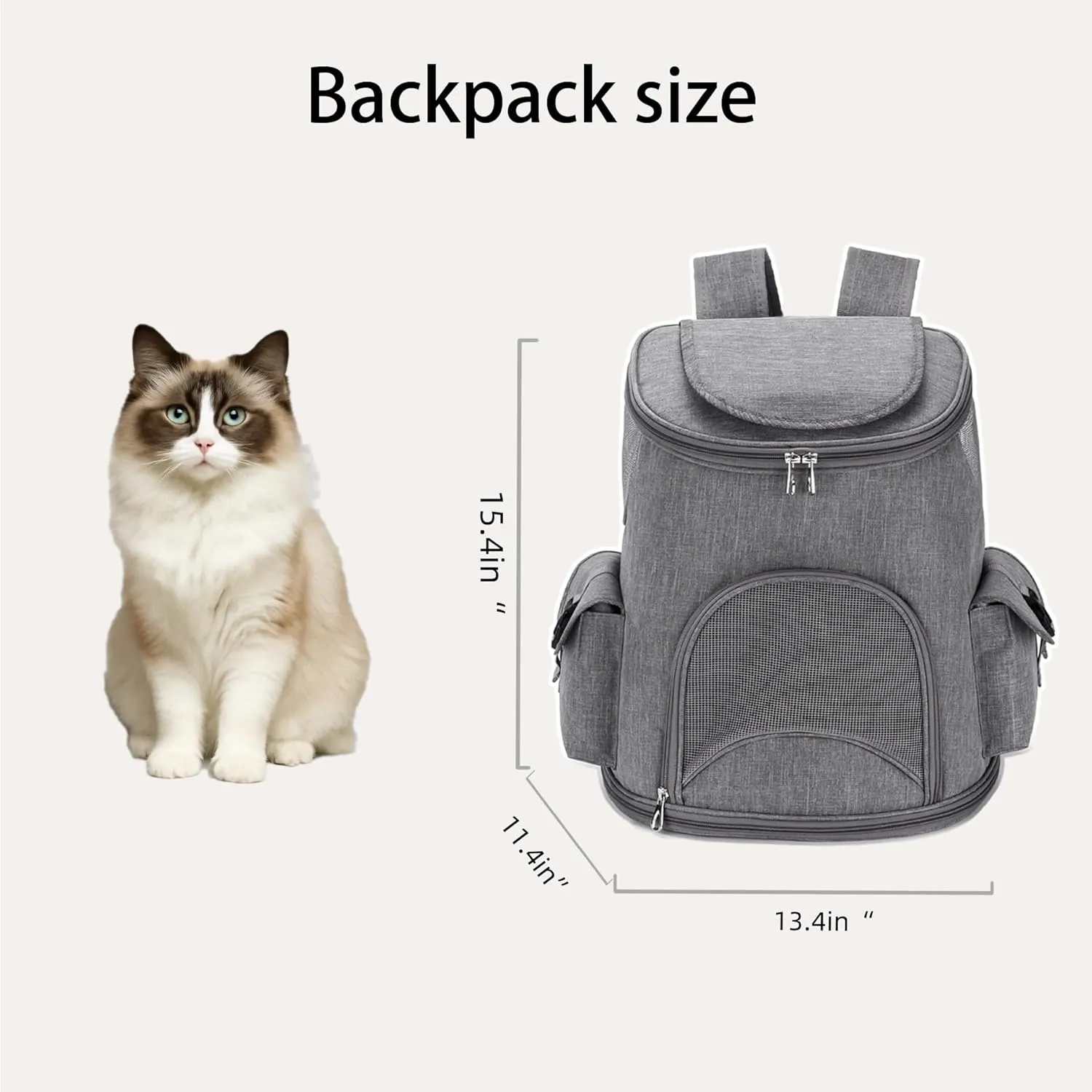 Foldable Cat Backpack Carrier - Dual-Sided Zipper & Magnetic Buckle, Breathable Mesh Pet Carrier with Adjustable Drawstring, Airline Approved Travel Backpack (Grey)
