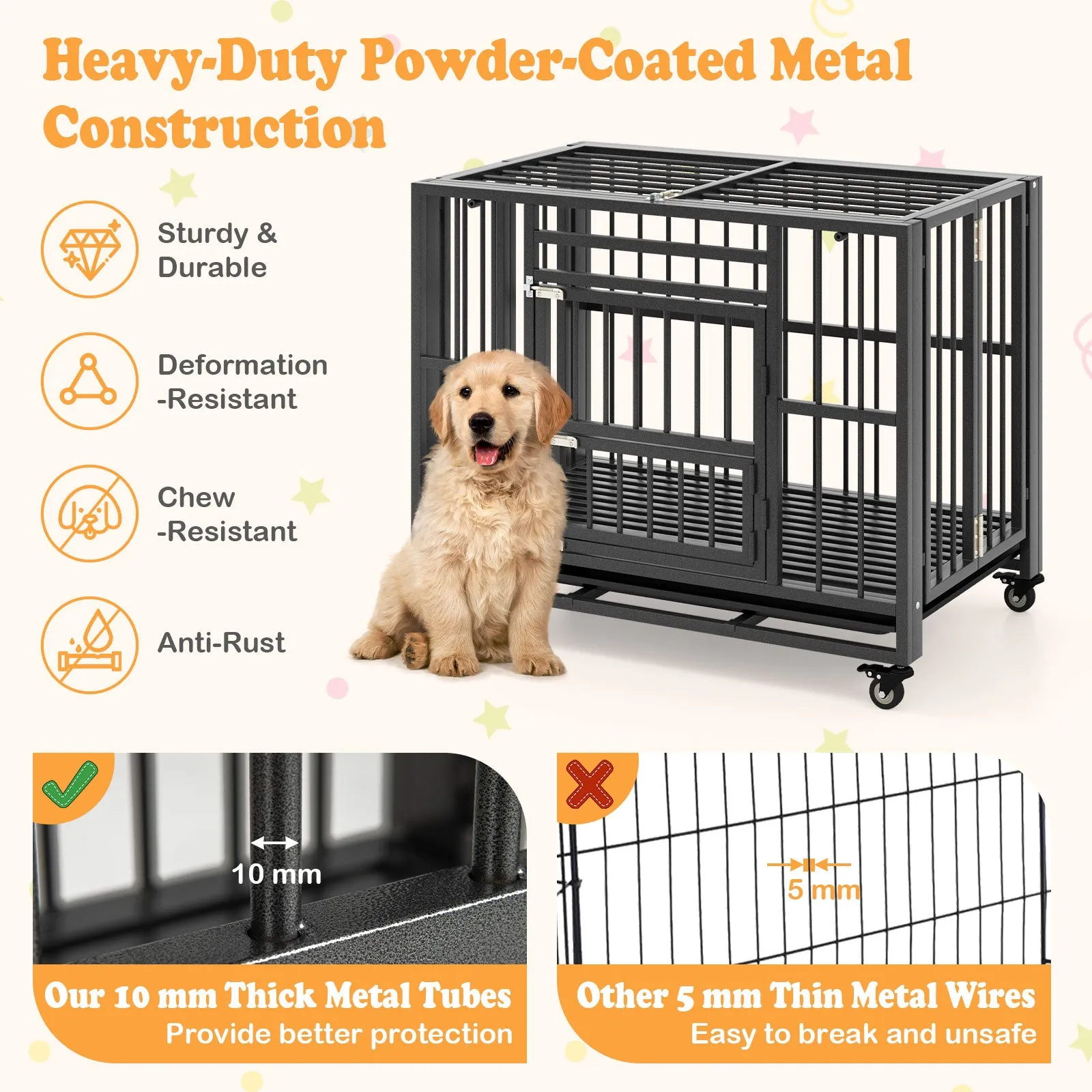 Foldable Metal Dog Cage Chew-proof Dog Crate with Lockable Universal Wheels