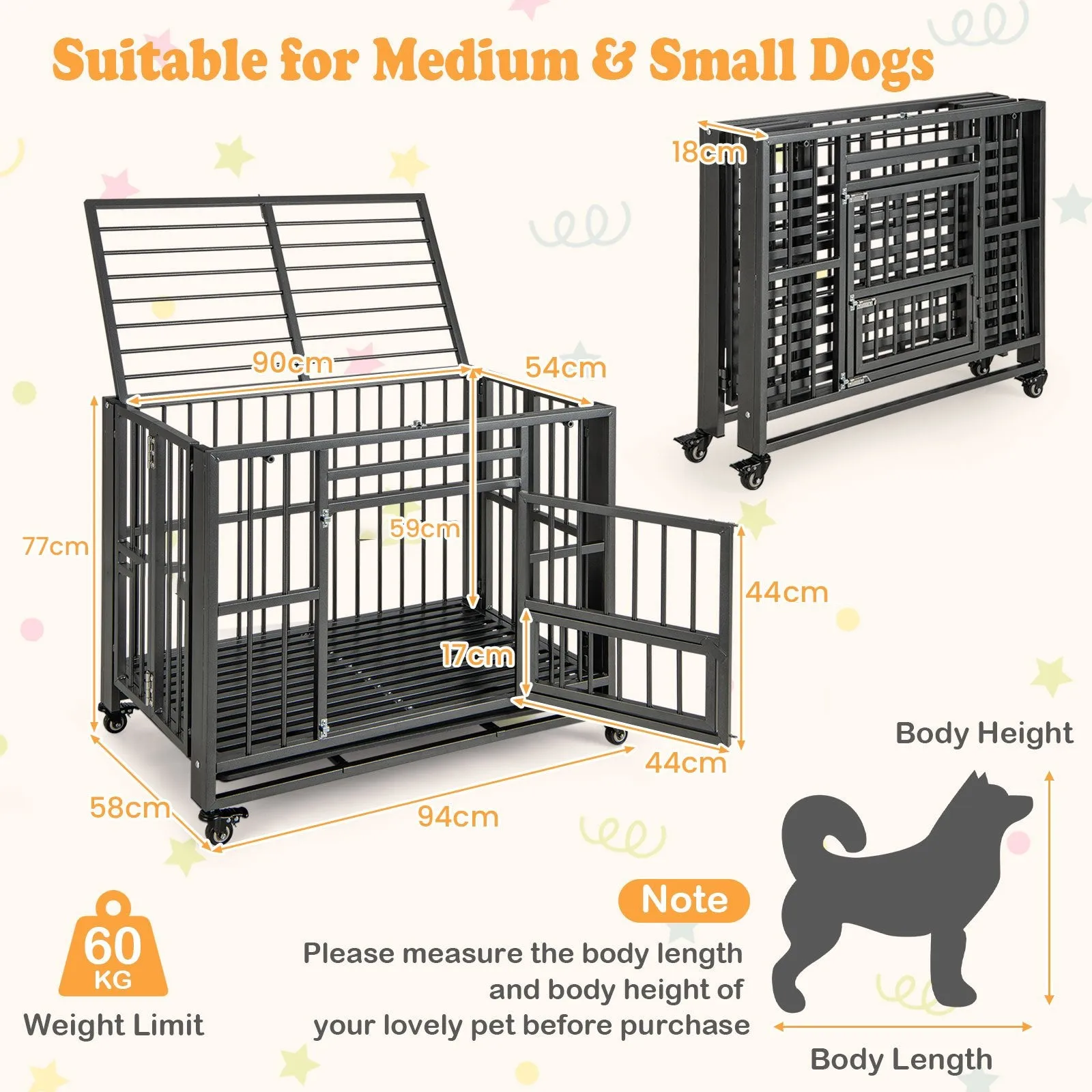 Foldable Metal Dog Cage Chew-proof Dog Crate with Lockable Universal Wheels