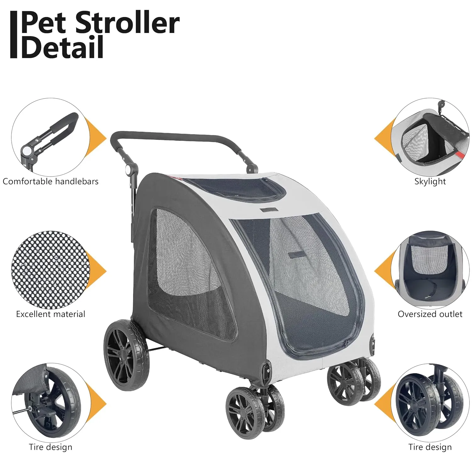 Foldable Pet Jogger Stroller for Large Dogs up to 110 lbs, Universal Wheel Dog Stroller for Single or Multiple Medium and Large Dogs(Grey)