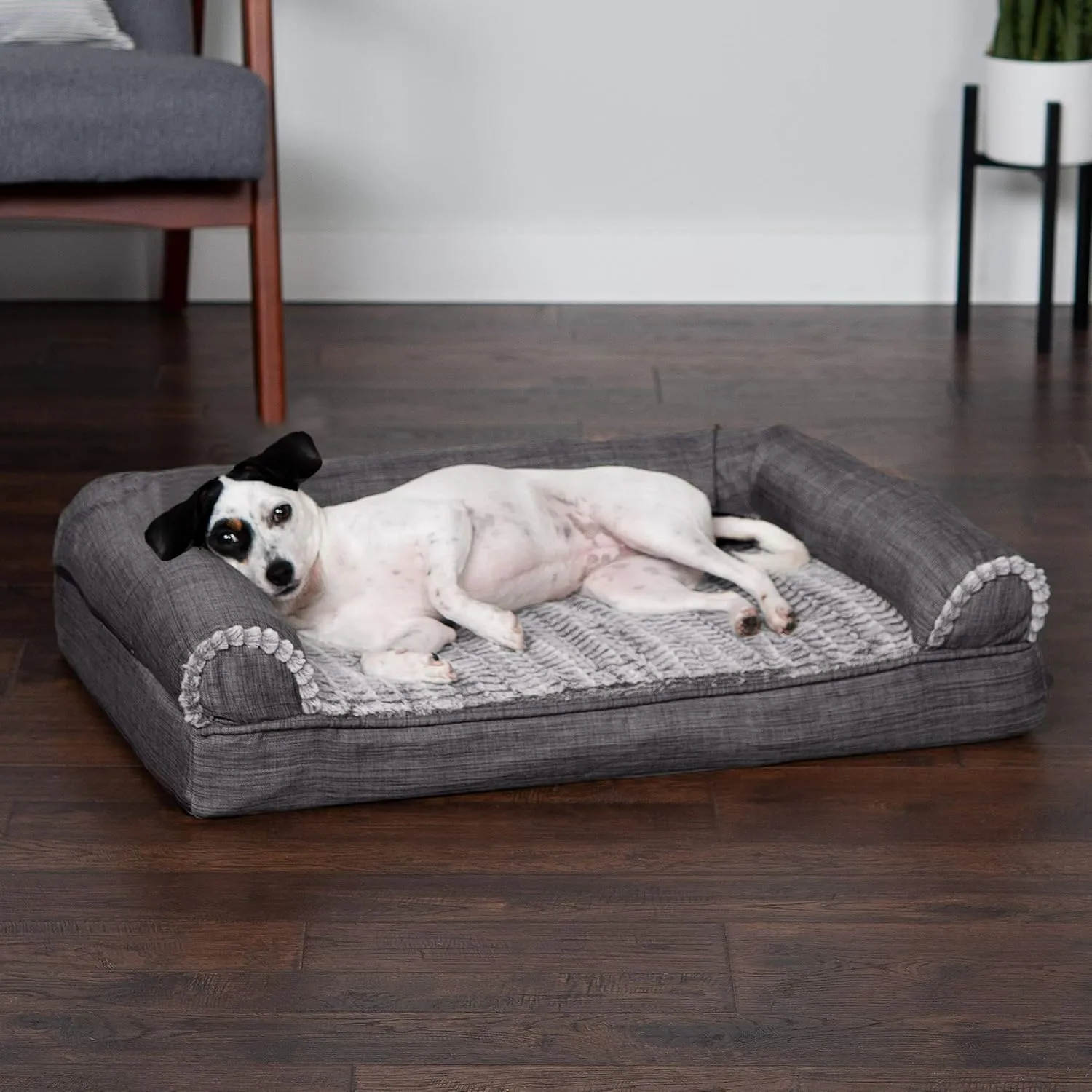 Furhaven Memory Foam Dog Bed for Medium/Small Dogs w/ Removable Bolsters & Washable Cover, For Dogs Up to 35 lbs - Luxe Faux Fur & Performance Linen Sofa - Charcoal, Medium
