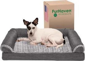 Furhaven Memory Foam Dog Bed for Medium/Small Dogs w/ Removable Bolsters & Washable Cover, For Dogs Up to 35 lbs - Luxe Faux Fur & Performance Linen Sofa - Charcoal, Medium