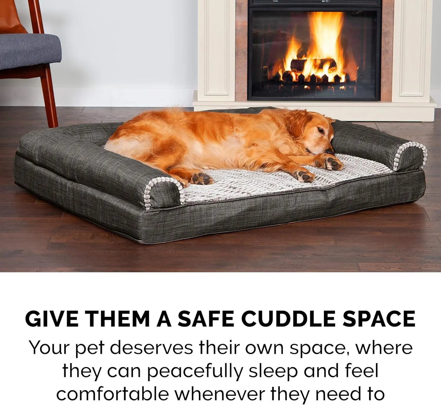 Furhaven Memory Foam Dog Bed for Medium/Small Dogs w/ Removable Bolsters & Washable Cover, For Dogs Up to 35 lbs - Luxe Faux Fur & Performance Linen Sofa - Charcoal, Medium