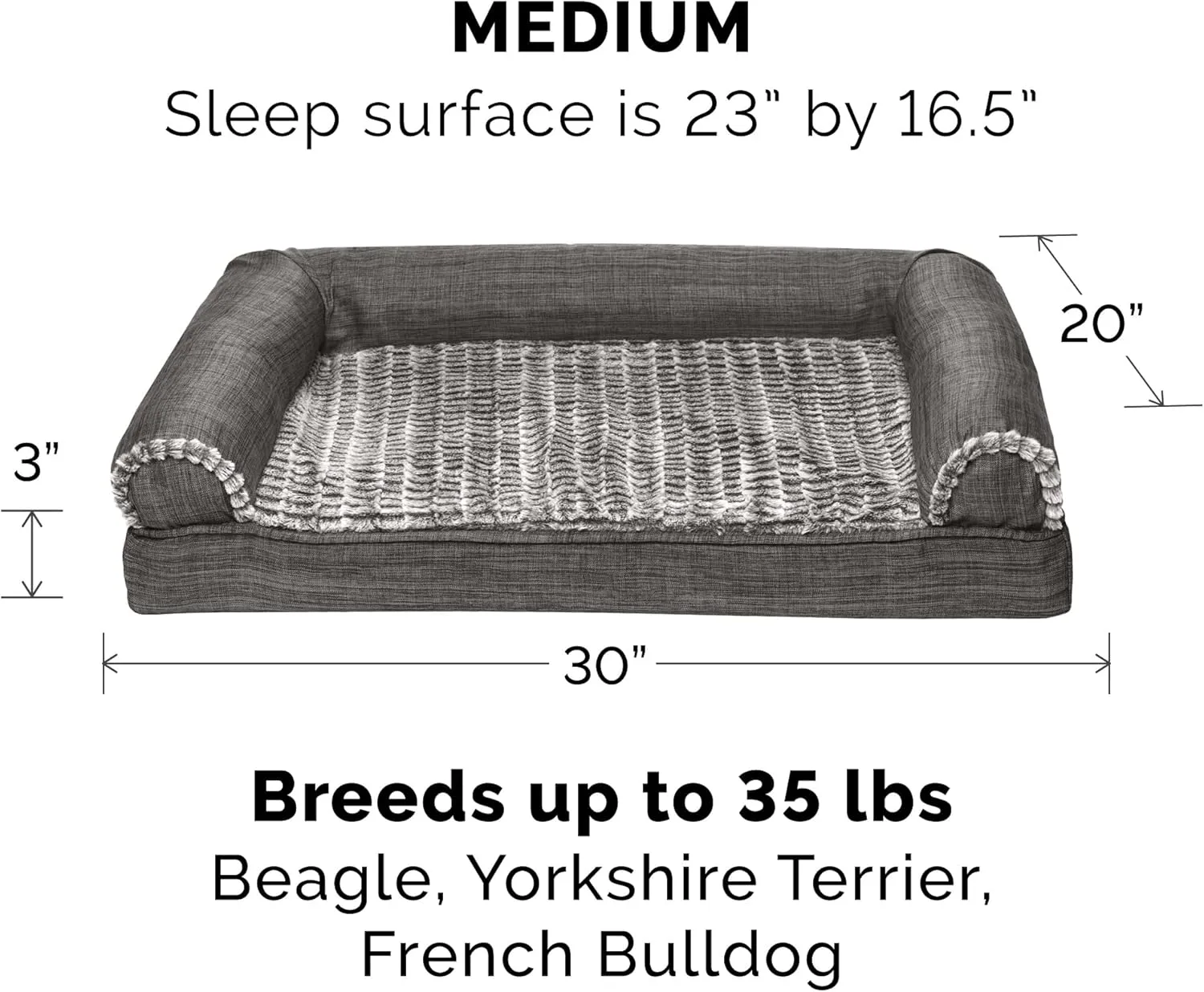 Furhaven Memory Foam Dog Bed for Medium/Small Dogs w/ Removable Bolsters & Washable Cover, For Dogs Up to 35 lbs - Luxe Faux Fur & Performance Linen Sofa - Charcoal, Medium