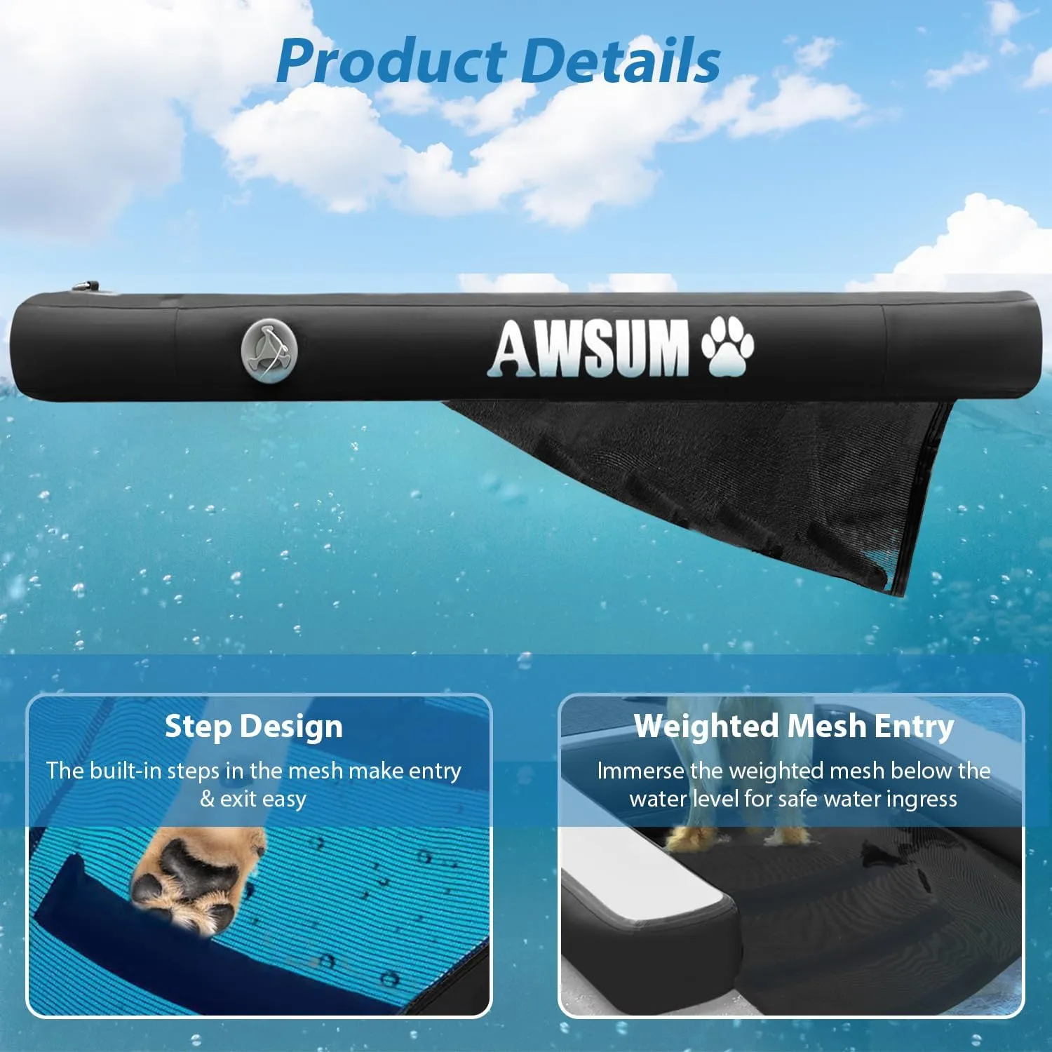 Inflatable Dog Water Ramp Pool Float Floating Ladder Steps for Dogs Safe and Easy Access to Water for Dogs Boat Ramp for Pool, Lake, Boat, Dock, with Non-Slip Pad and High Visibility