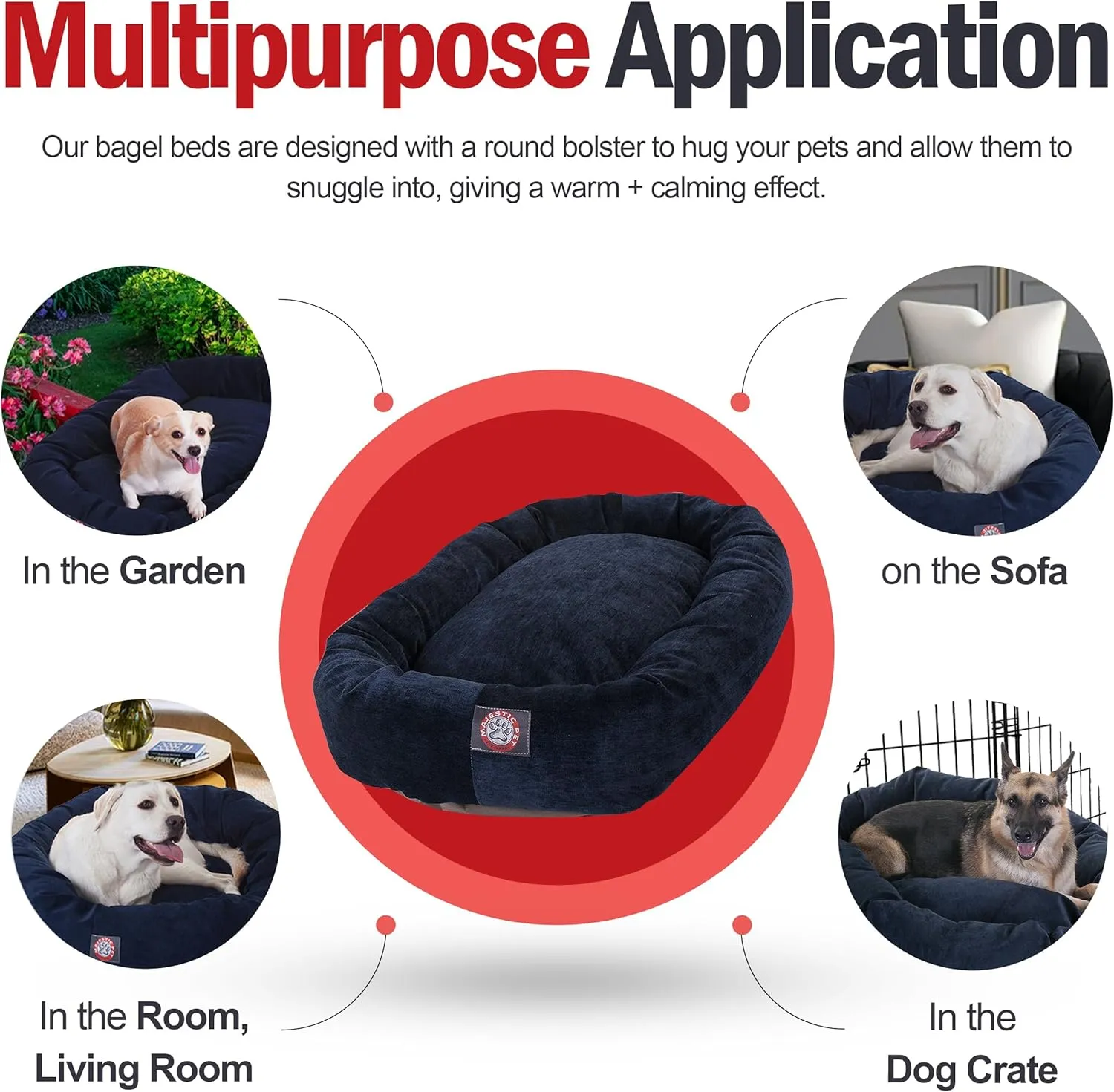 Majestic Pet 40 Inch Micro Velvet Calming Dog Bed Washable  Cozy Soft Round Dog Bed with Spine for Head Support - Fluffy Donut Dog Bed 40x29x9 (inch)  Round Pet Bed Large  Navy