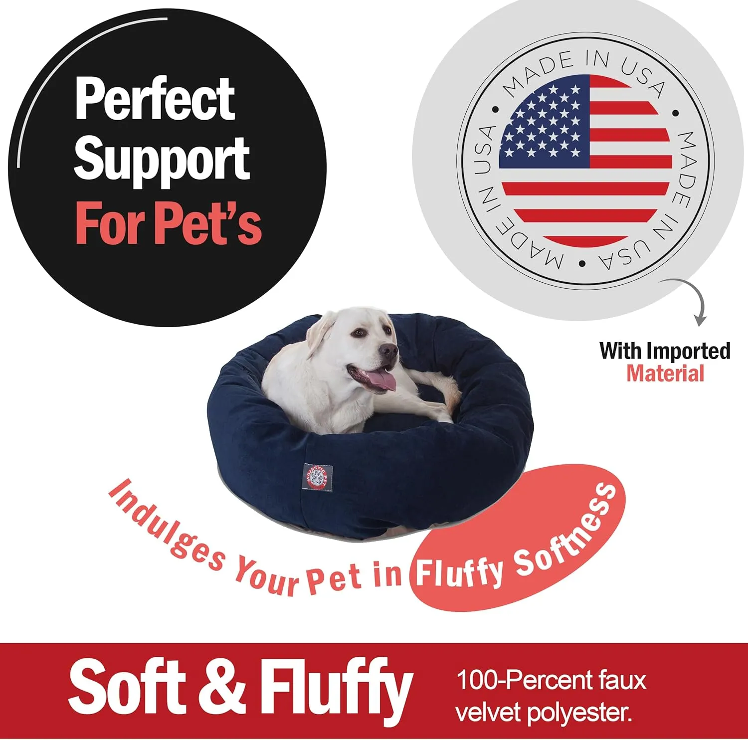 Majestic Pet 40 Inch Micro Velvet Calming Dog Bed Washable  Cozy Soft Round Dog Bed with Spine for Head Support - Fluffy Donut Dog Bed 40x29x9 (inch)  Round Pet Bed Large  Navy
