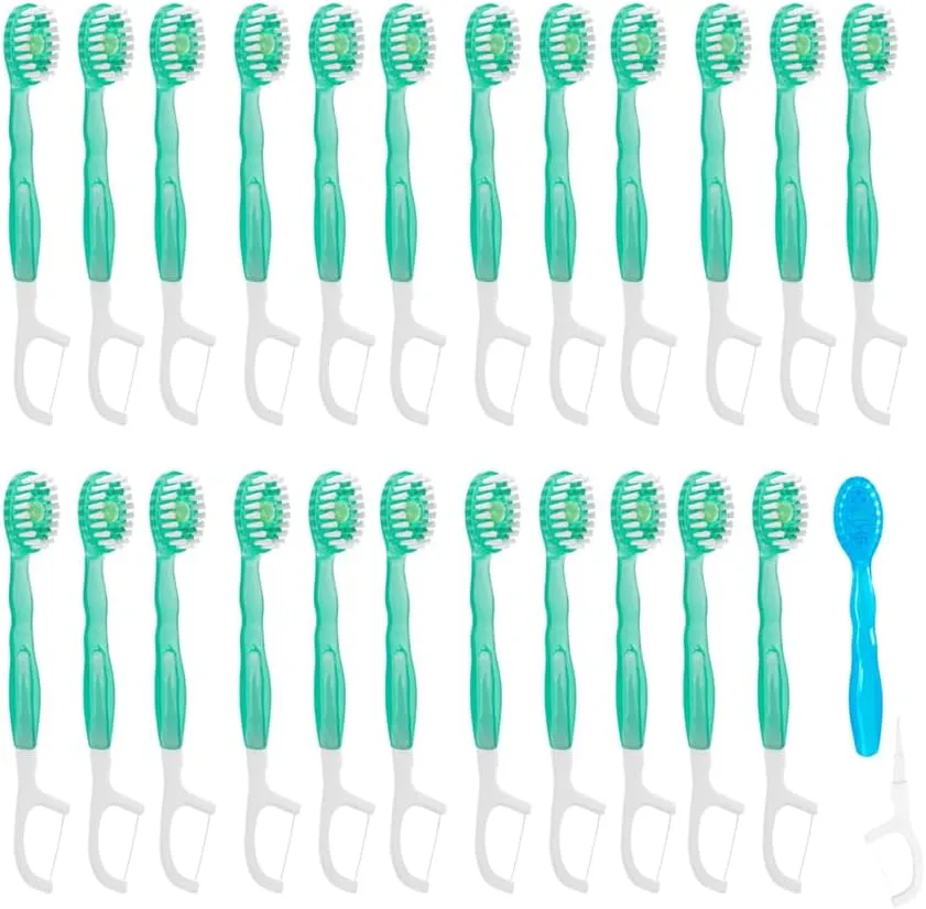 Mini Disposable Toothbrushes with Toothpaste 5 in 1 Travel Portable Toothbrush with Toothpaste   Tongue Scraper   Picks Floss Travel Case Individually Wrapped (Green Plum Tea, 26)