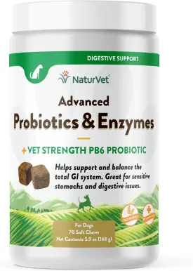 NaturVet Advanced Probiotics and Enzymes Supplement, Plus Vet Strength PB6 Probiotic, Soft Chews, Made in The USA with Globally Source Ingredients 70 Soft Chews