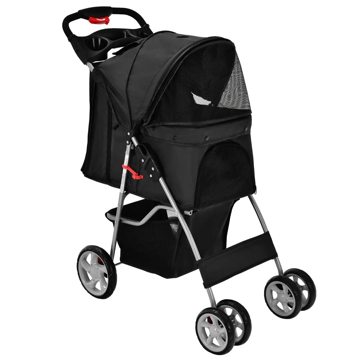 NNECW 4-Wheel Folding Pet Stroller with Mesh Windows &amp Storage Basket-Black