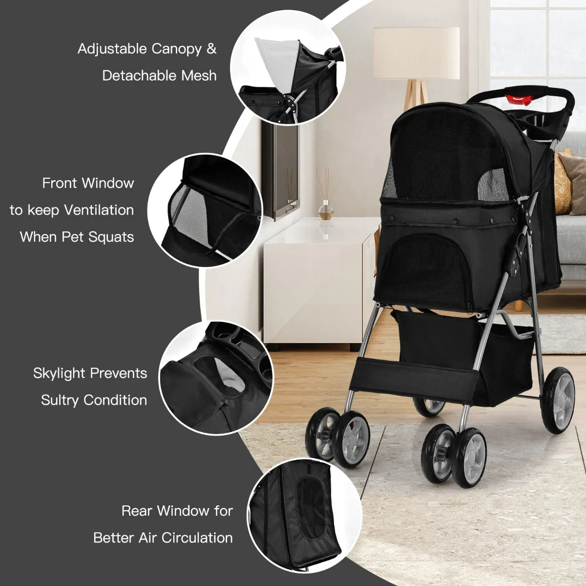 NNECW 4-Wheel Folding Pet Stroller with Mesh Windows &amp Storage Basket-Black