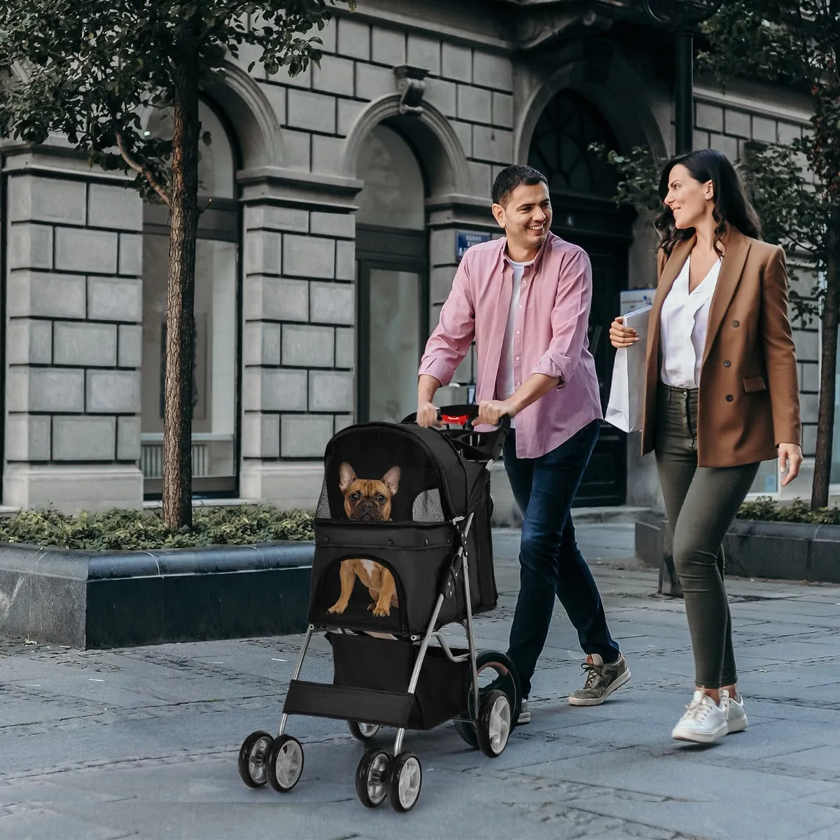 NNECW 4-Wheel Folding Pet Stroller with Mesh Windows &amp Storage Basket-Black