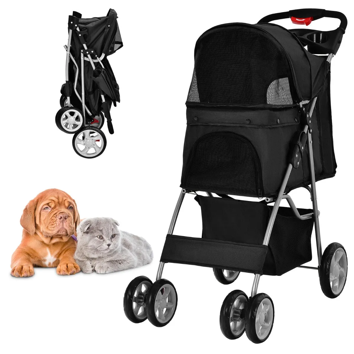 NNECW 4-Wheel Folding Pet Stroller with Mesh Windows &amp Storage Basket-Black