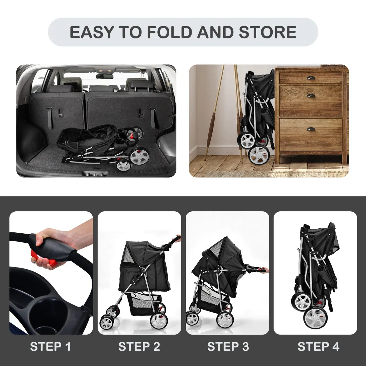 NNECW 4-Wheel Folding Pet Stroller with Mesh Windows &amp Storage Basket-Black