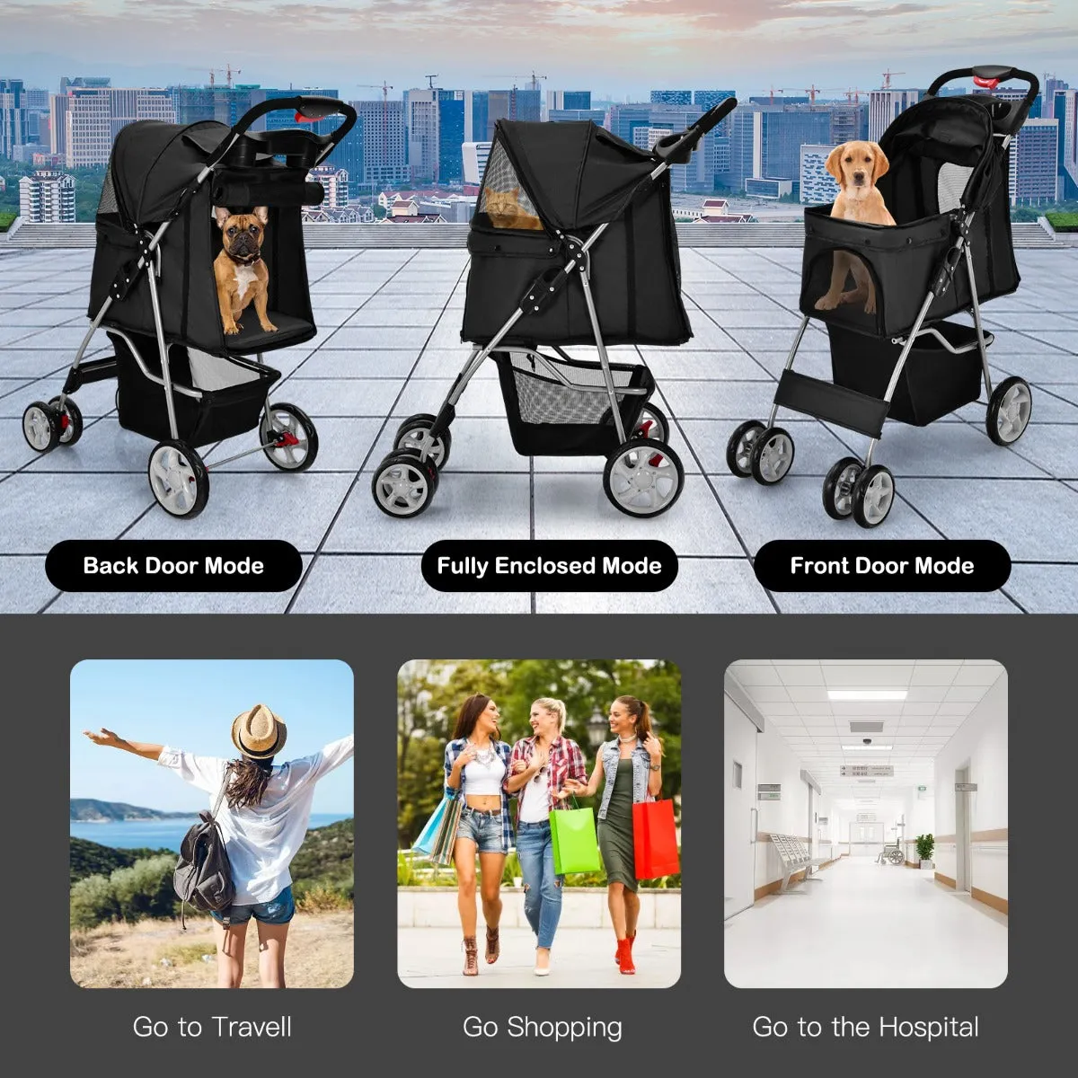 NNECW 4-Wheel Folding Pet Stroller with Mesh Windows &amp Storage Basket-Black