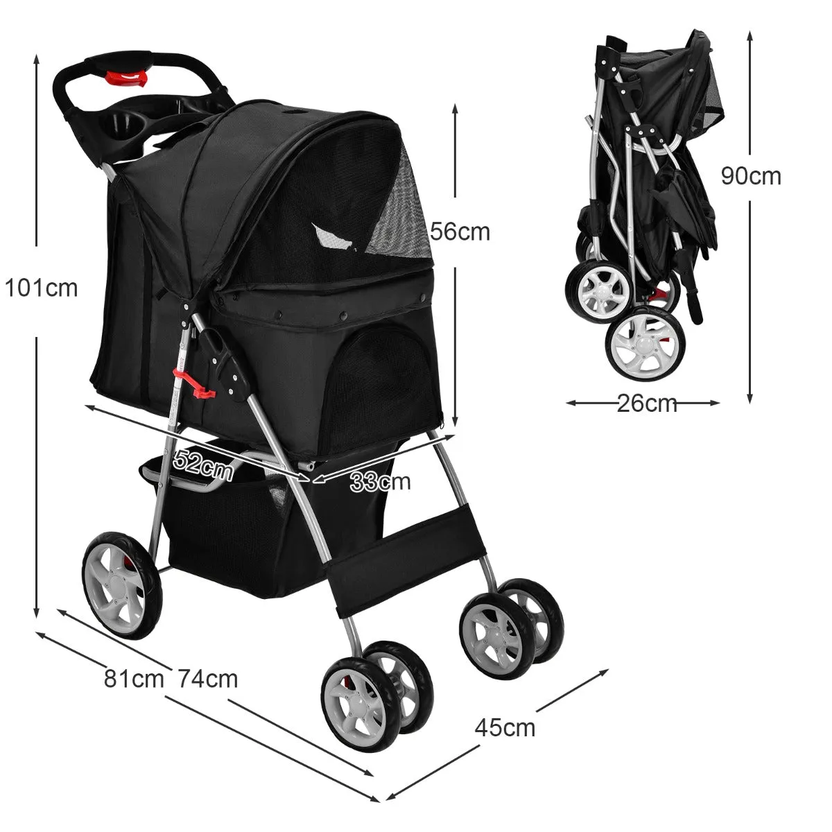 NNECW 4-Wheel Folding Pet Stroller with Mesh Windows &amp Storage Basket-Black