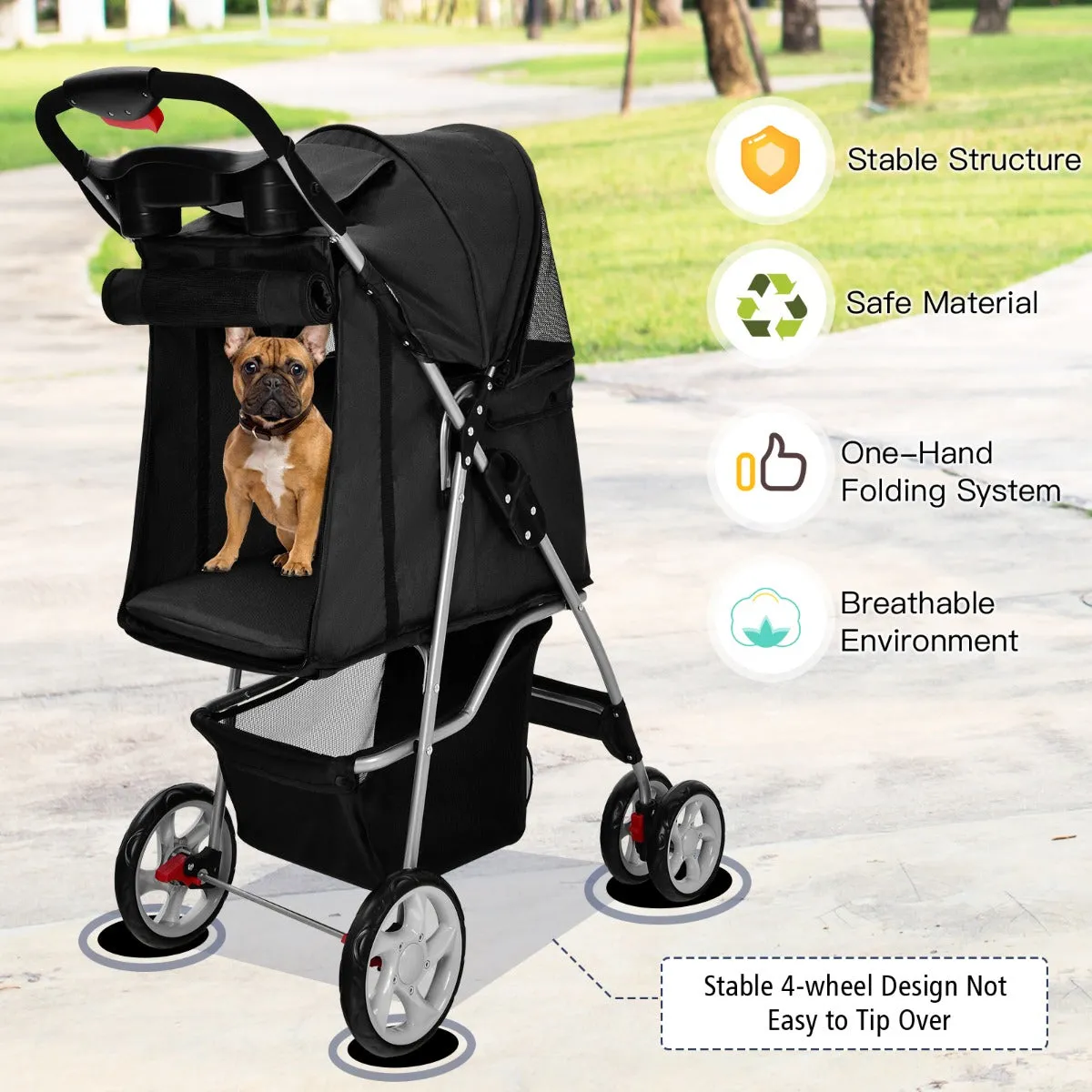 NNECW 4-Wheel Folding Pet Stroller with Mesh Windows &amp Storage Basket-Black