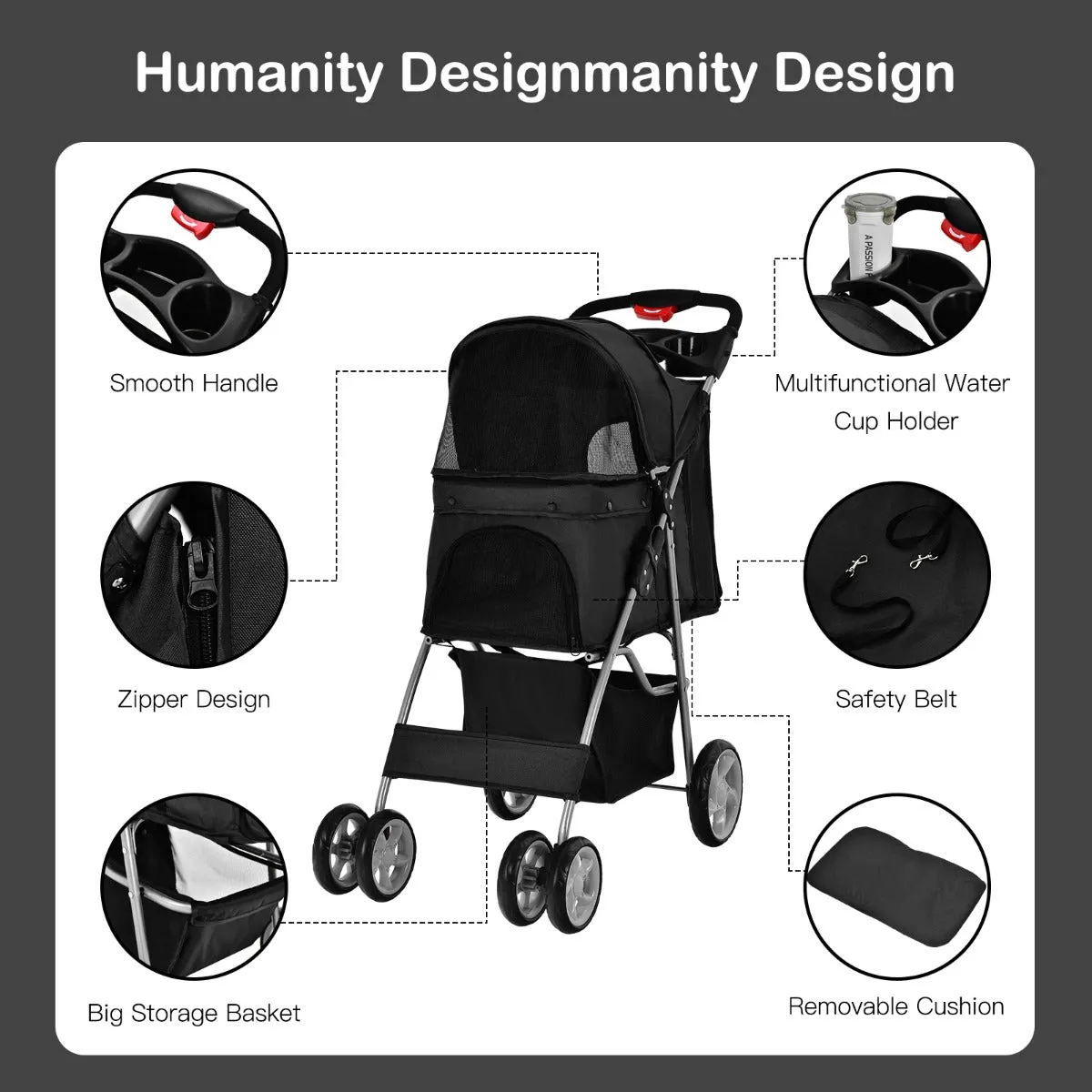 NNECW 4-Wheel Folding Pet Stroller with Mesh Windows &amp Storage Basket-Black
