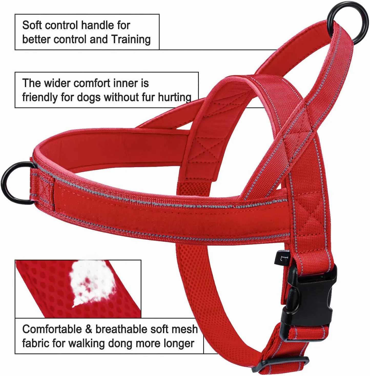 No Pull Dog Harness - Medium Large, Reflective, Escape Proof, Adjustable, Red