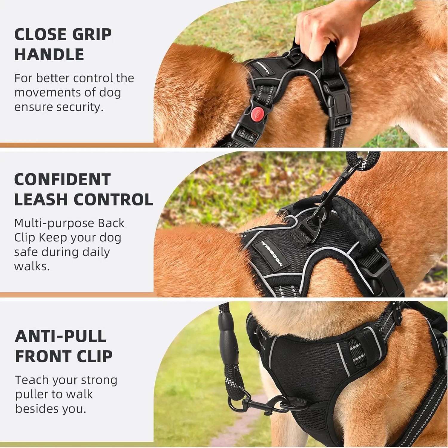 No Pull Dog Harness with A Free Heavy Duty 5ft Dog Leash, Adjustable Soft Padded Dog Vest, Reflective No-Choke Pet Oxford Vest with Easy Control Handle for Dogs (Black, Medium)