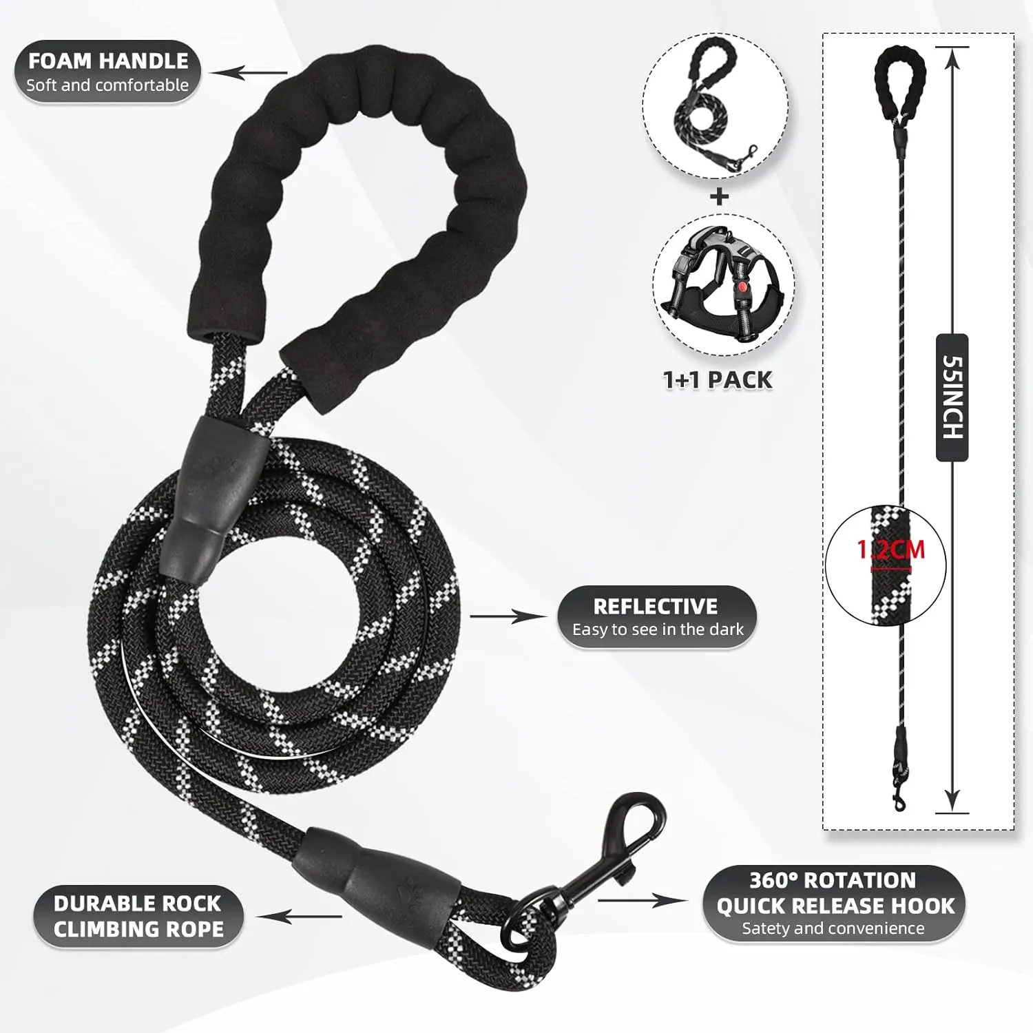 No Pull Dog Harness with A Free Heavy Duty 5ft Dog Leash, Adjustable Soft Padded Dog Vest, Reflective No-Choke Pet Oxford Vest with Easy Control Handle for Dogs (Black, Medium)