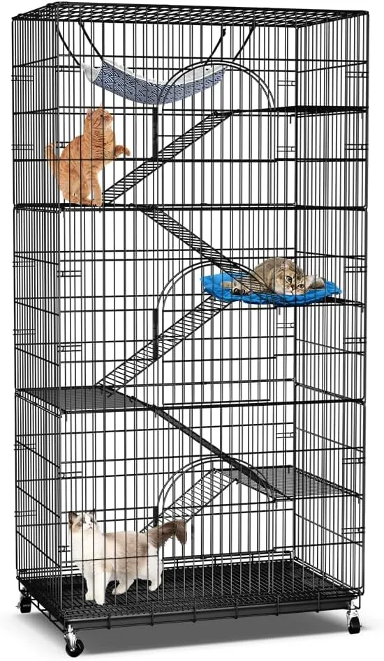 PawGiant 6-Tier Large Cat Cage Playpen, 72-inch Indoor/Outdoor Enclosure with 3 Doors, Hammock, Suitable for Cats, Kittens, and Small Animals