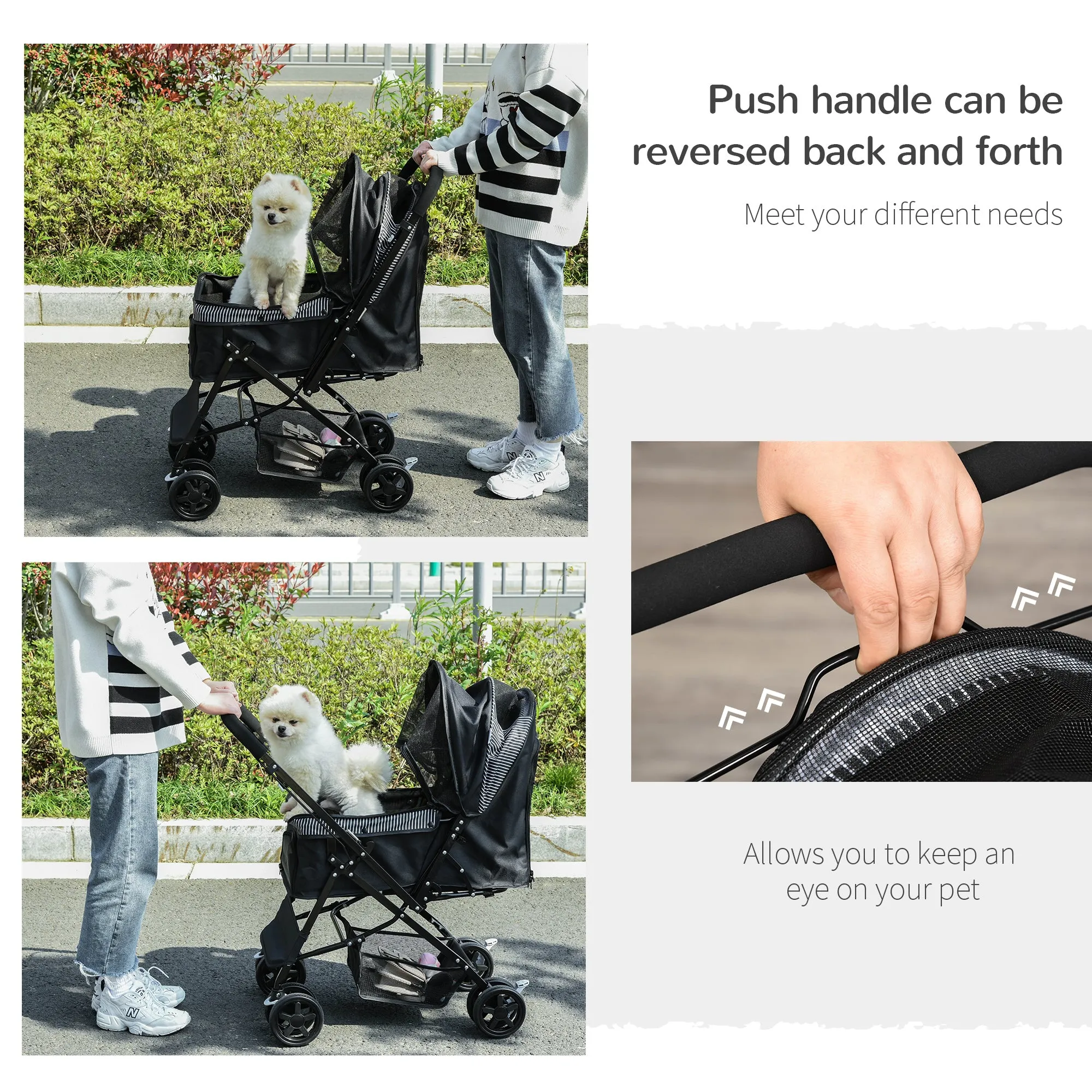 PawHut Pet Stroller Dog Foldable Travel Carriage with Reversible Handle, Black