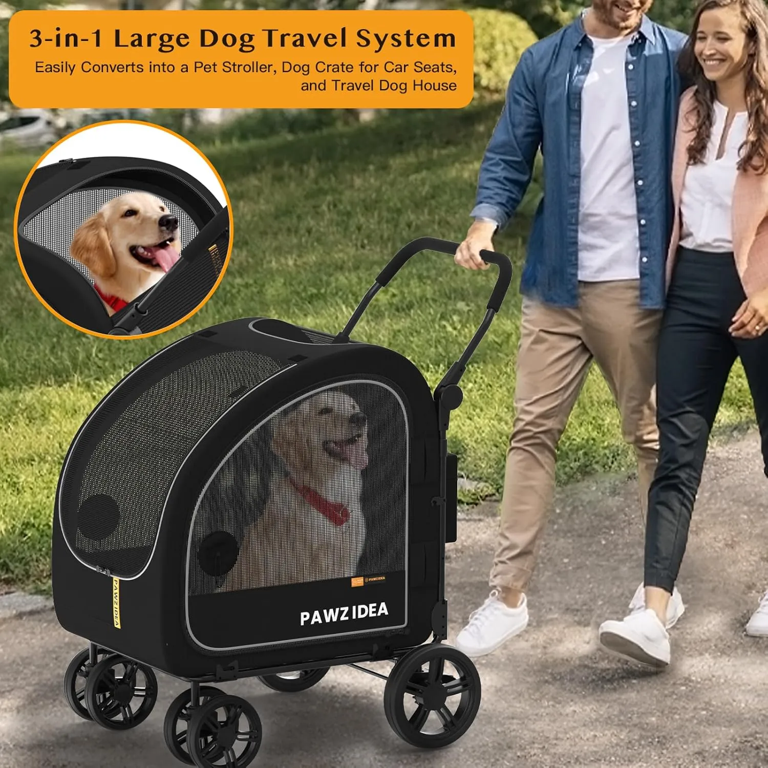 PAWZIDEA Dog Stroller for Large Dogs, Pet Stroller with Detachable Carrier for Portable Dog Crate for Car Seat, Foldable Dogs Jogger Strollers, All Terrain 9 Wheels, Adjustable Handle, Up to 110lb