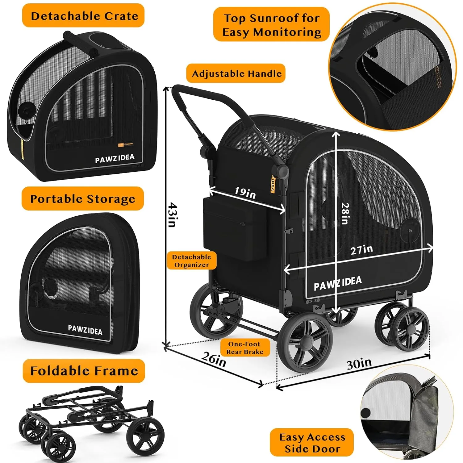 PAWZIDEA Dog Stroller for Large Dogs, Pet Stroller with Detachable Carrier for Portable Dog Crate for Car Seat, Foldable Dogs Jogger Strollers, All Terrain 9 Wheels, Adjustable Handle, Up to 110lb