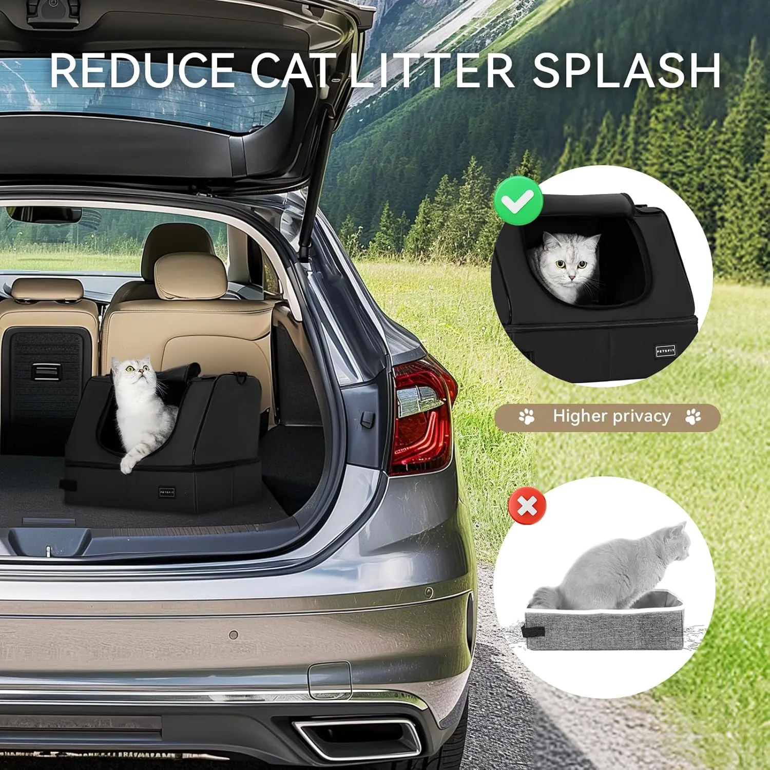 PETSFIT Portable Cat Litter Box - Removable 2-Layer Leak-Proof Lining, Scratch-Resistant Fabric with Sturdy Support Frame, Travel & Collapsible Cat Litter Box Black