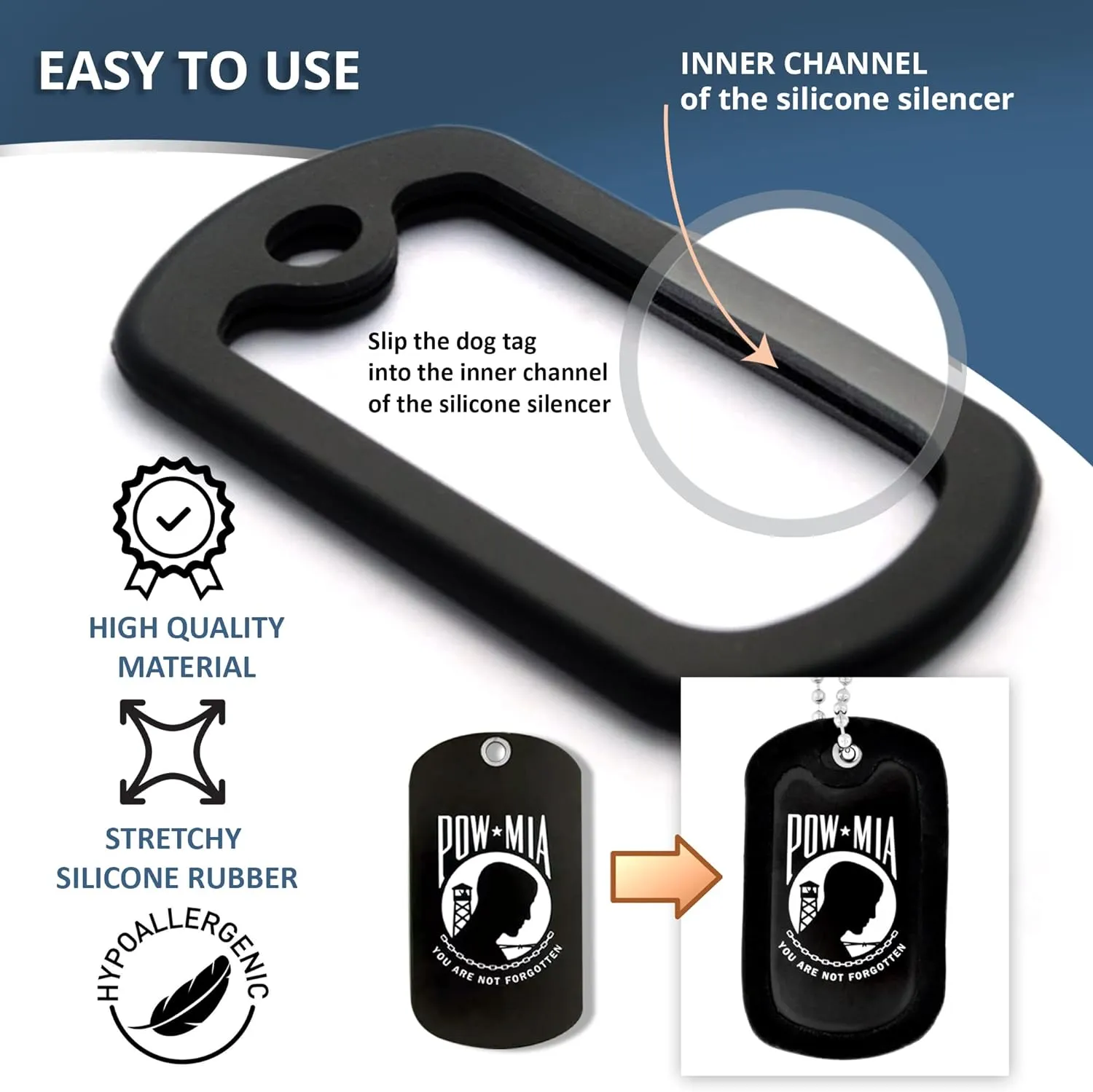 PinMart Military Dog Tag Silencer  Silicone Rubber ID Tag Protector  Edge Bumper Prevents Noise & Scratching, Black
