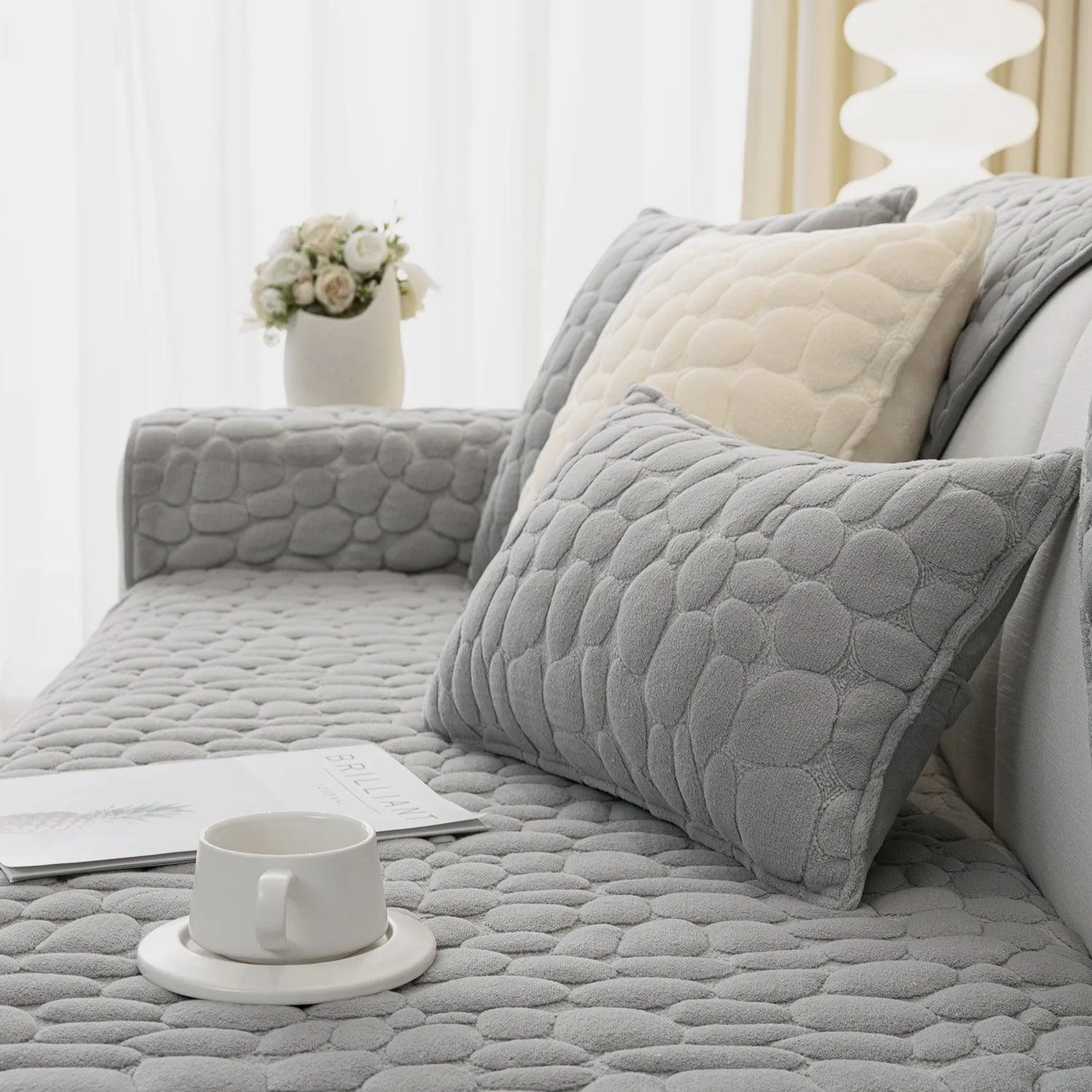 Premium Pebble Milk Velvet Anti Slip Sofa Mat for 1/2/3 Seater, Moon Grey