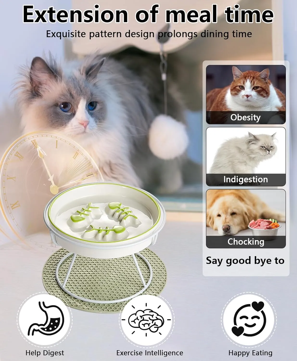 Raised Cat Dog Slow Feeder Bowl with Stand,Elevated Cat Food Bowl Shallow Design,Slow Down Eating Speed of Pets,No Whisker Fatigue Ceramic Puzzy Feeder, Against Bloat,Indigestion, Easy to Clean