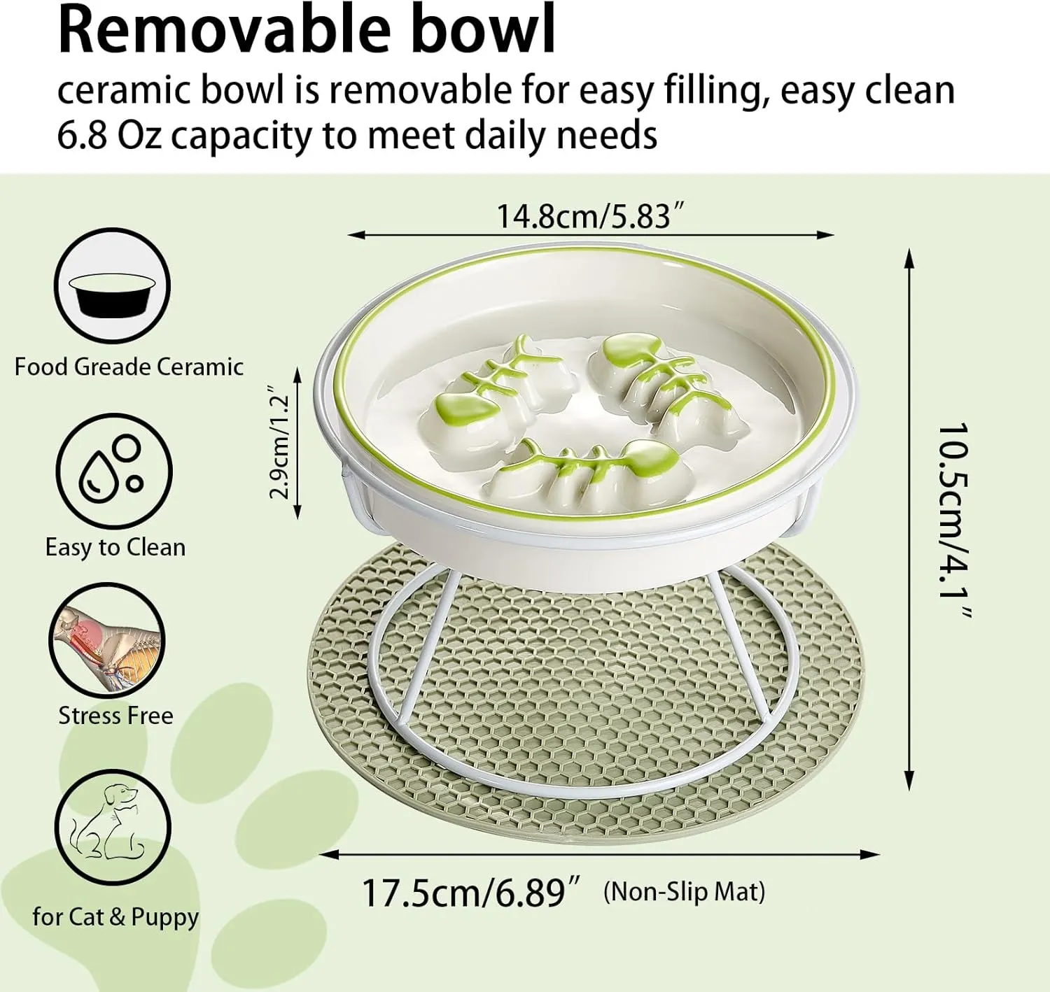 Raised Cat Dog Slow Feeder Bowl with Stand,Elevated Cat Food Bowl Shallow Design,Slow Down Eating Speed of Pets,No Whisker Fatigue Ceramic Puzzy Feeder, Against Bloat,Indigestion, Easy to Clean