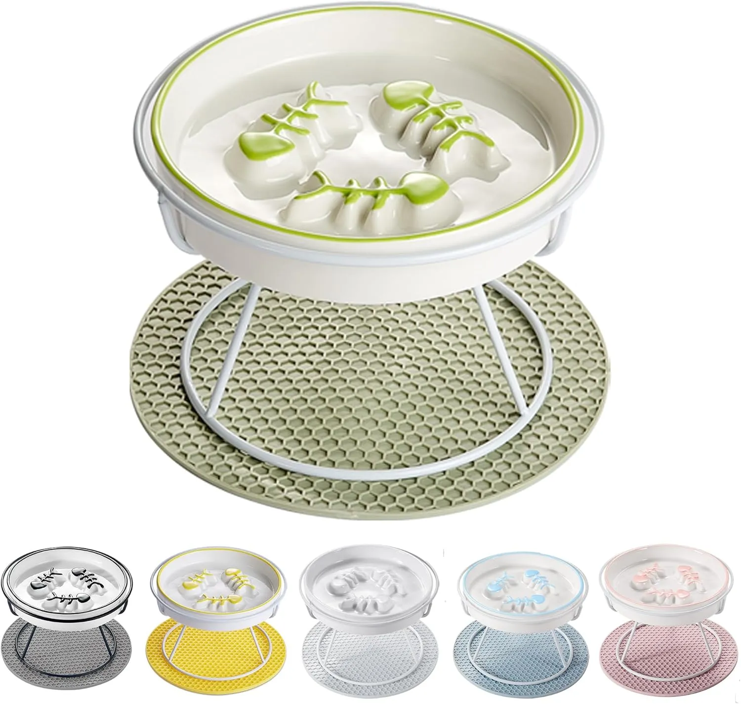 Raised Cat Dog Slow Feeder Bowl with Stand,Elevated Cat Food Bowl Shallow Design,Slow Down Eating Speed of Pets,No Whisker Fatigue Ceramic Puzzy Feeder, Against Bloat,Indigestion, Easy to Clean