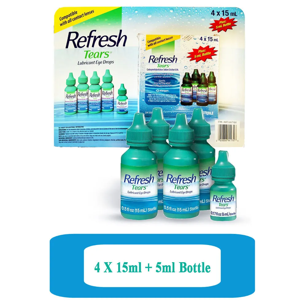 Refresh Tears Lubricant Eye Drops- Compatible with all contact lenses - 4 X 15ml   1 X 5ml bottle