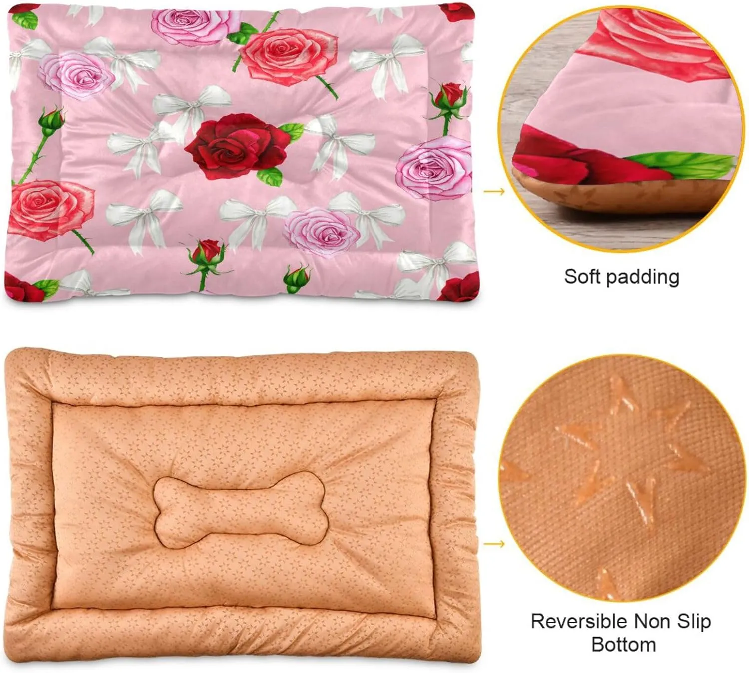 Roses with Bows Outdoor Dog Bed for Small Dogs Washable Waterproof Travel Pet Bed Mat Portable Cat Bed with Non-Slip Bottom for Indoor and Sleeping 18 x 24 Inch