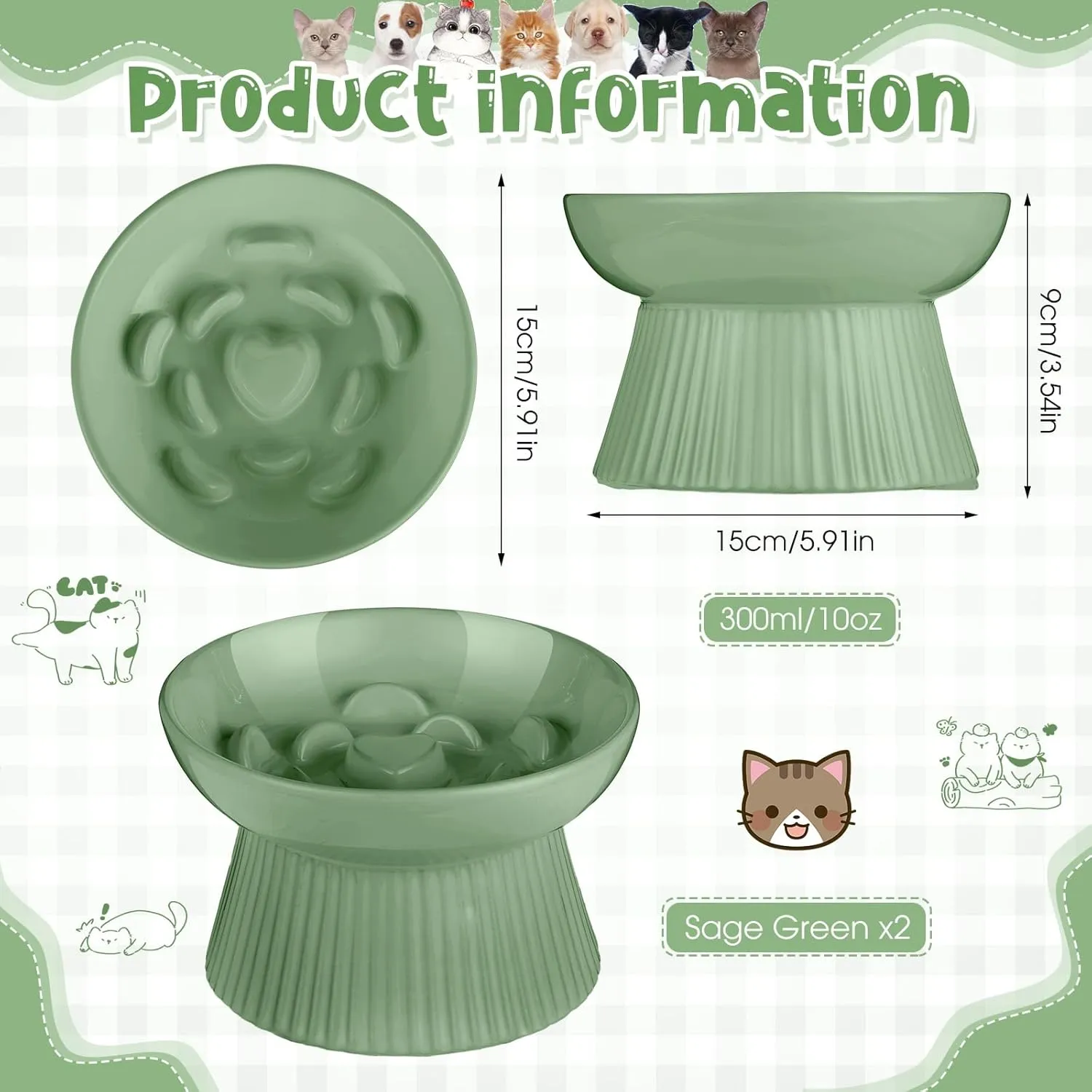 Tioncy 2 Pcs Ceramic Slow Feeder Raised Cat Bowl Cat Food Elevated Dry Wet Food and Water Easy to Clean Pet Bowls High Edge for Small Dogs, Dishwasher Safe(Sage Green)