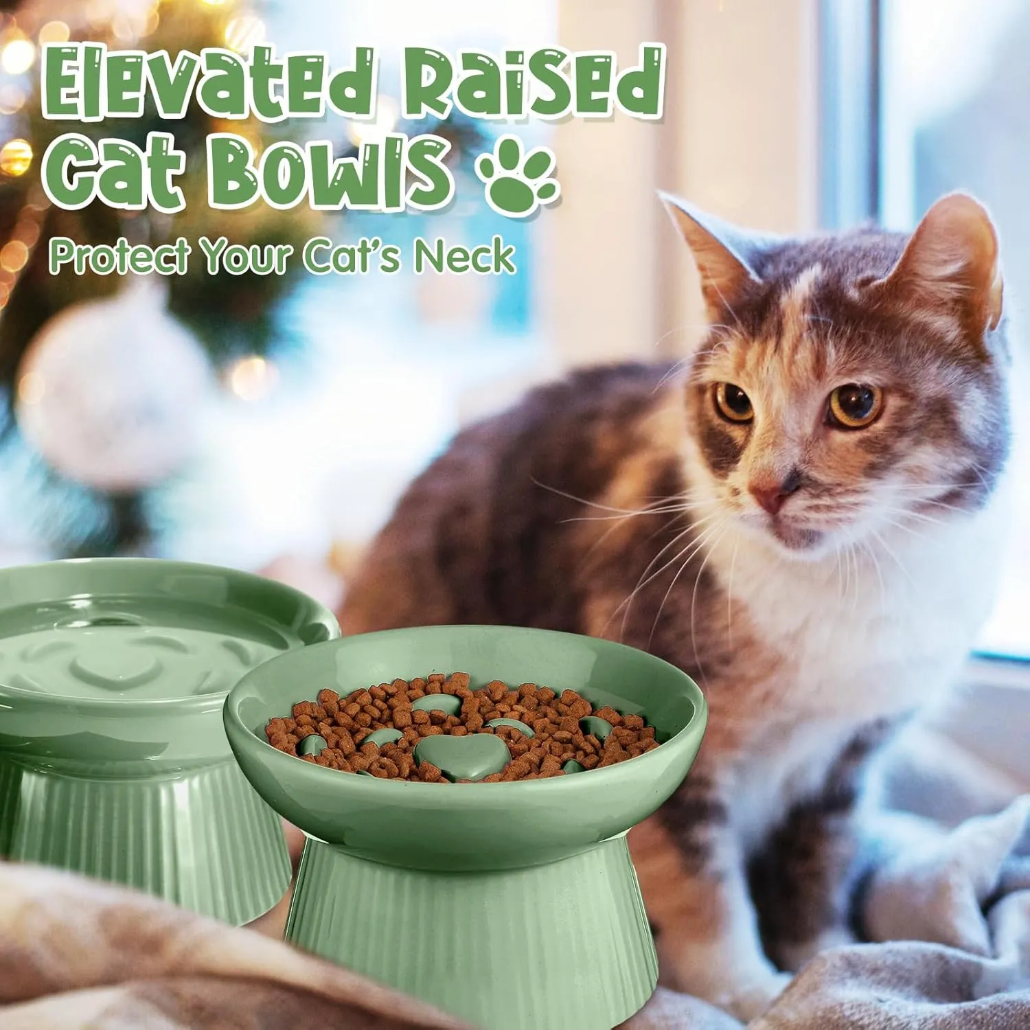 Tioncy 2 Pcs Ceramic Slow Feeder Raised Cat Bowl Cat Food Elevated Dry Wet Food and Water Easy to Clean Pet Bowls High Edge for Small Dogs, Dishwasher Safe(Sage Green)