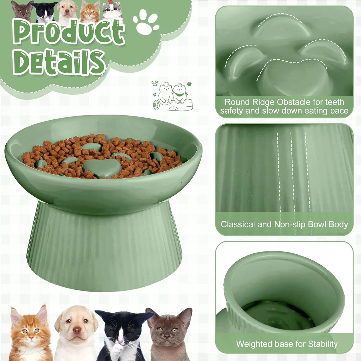 Tioncy 2 Pcs Ceramic Slow Feeder Raised Cat Bowl Cat Food Elevated Dry Wet Food and Water Easy to Clean Pet Bowls High Edge for Small Dogs, Dishwasher Safe(Sage Green)