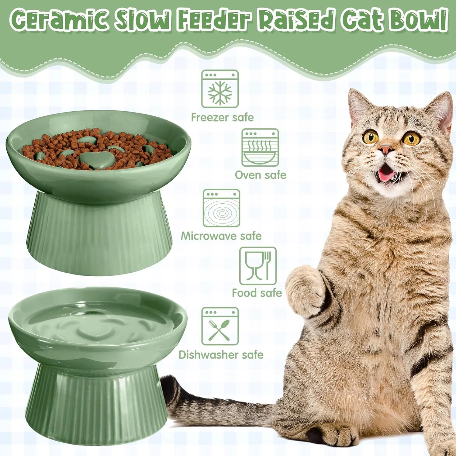 Tioncy 2 Pcs Ceramic Slow Feeder Raised Cat Bowl Cat Food Elevated Dry Wet Food and Water Easy to Clean Pet Bowls High Edge for Small Dogs, Dishwasher Safe(Sage Green)