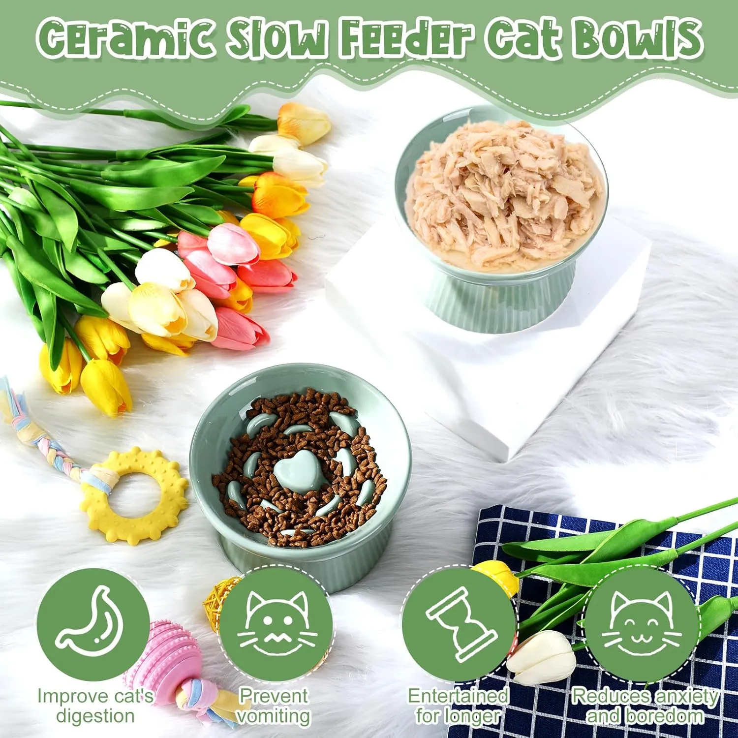 Tioncy 2 Pcs Ceramic Slow Feeder Raised Cat Bowl Cat Food Elevated Dry Wet Food and Water Easy to Clean Pet Bowls High Edge for Small Dogs, Dishwasher Safe(Sage Green)