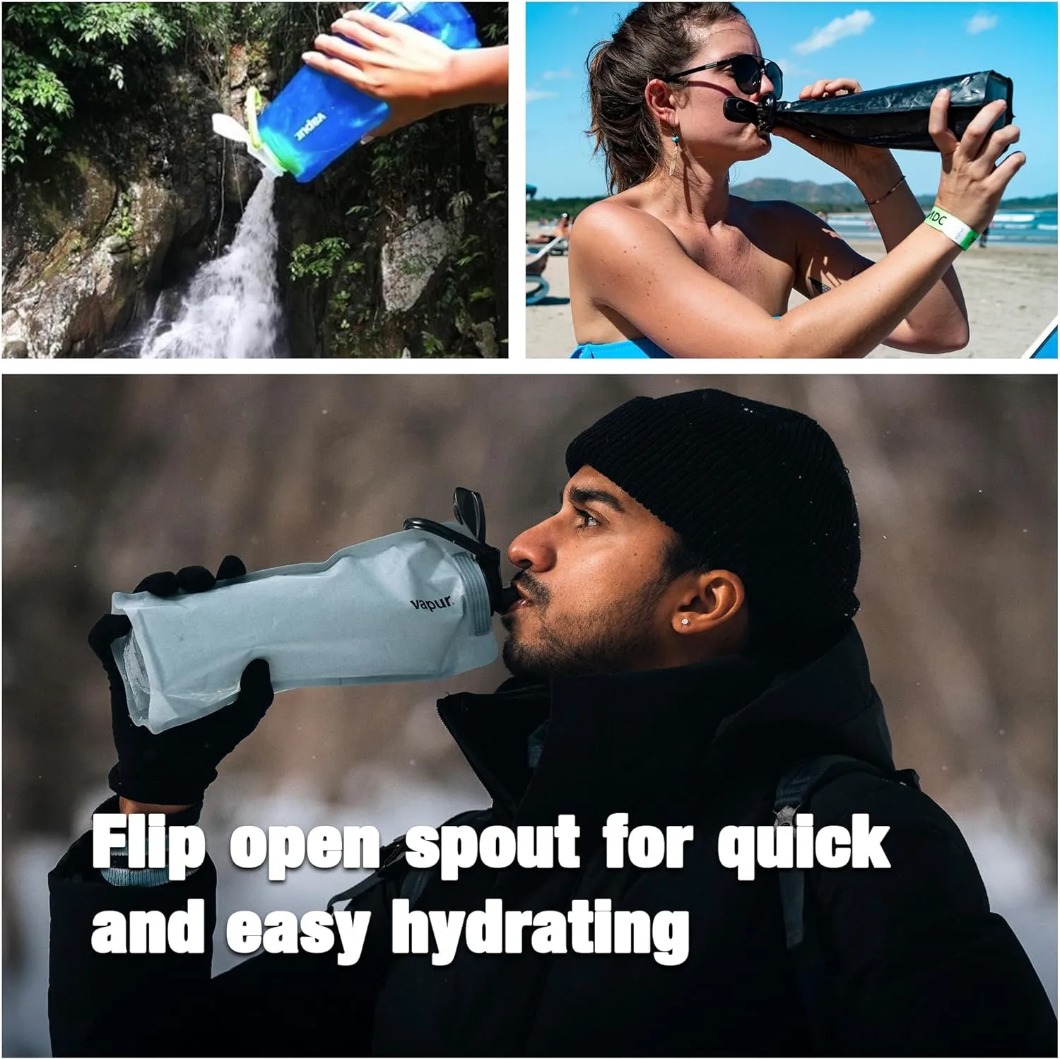 Vapur Collapsible Water Bottle With Carabiner, Compact Bottle Folds Flat For Hydration On The Go, Ideal for Traveling, Hiking or Camping, 23 Ounce, Night Blue, Pack of 1