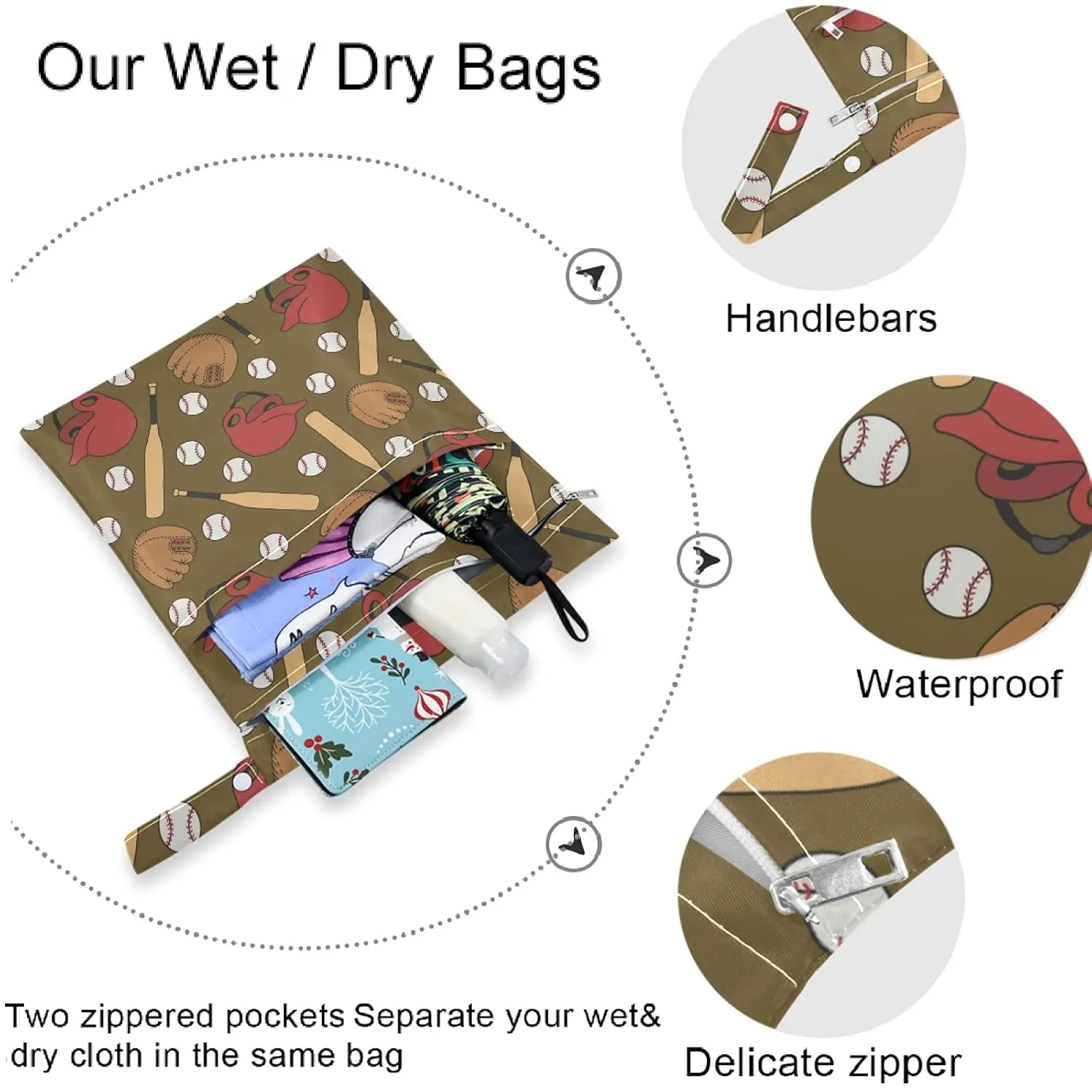 visesunny Baseball Doodle Pattern 2Pcs Wet Bag with Zippered Pockets Washable Reusable Roomy for Travel,Beach,Pool,Daycare,Stroller,Diapers,Dirty Gym Clothes, Wet Swimsuits, Toiletries