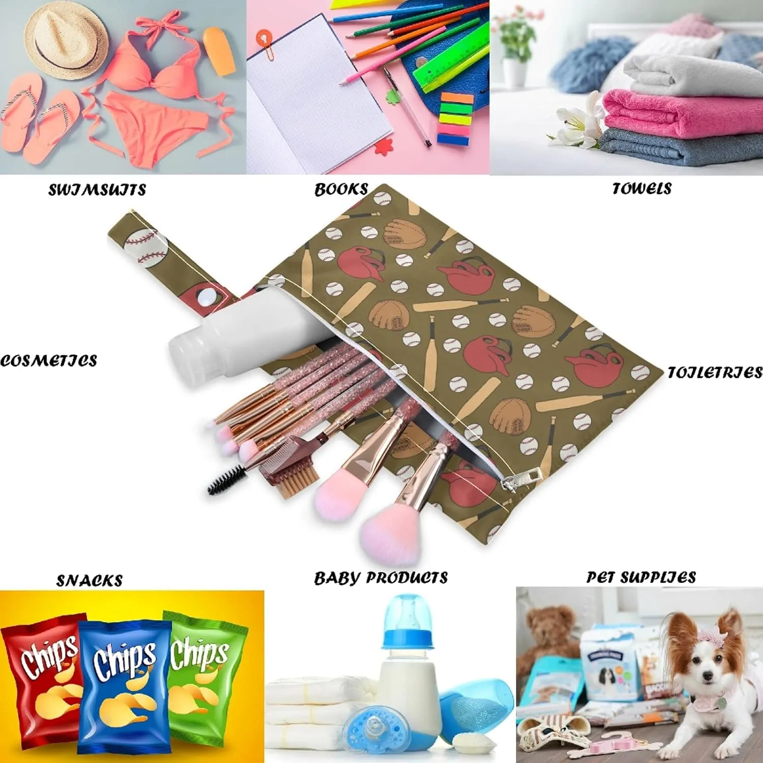 visesunny Baseball Doodle Pattern 2Pcs Wet Bag with Zippered Pockets Washable Reusable Roomy for Travel,Beach,Pool,Daycare,Stroller,Diapers,Dirty Gym Clothes, Wet Swimsuits, Toiletries